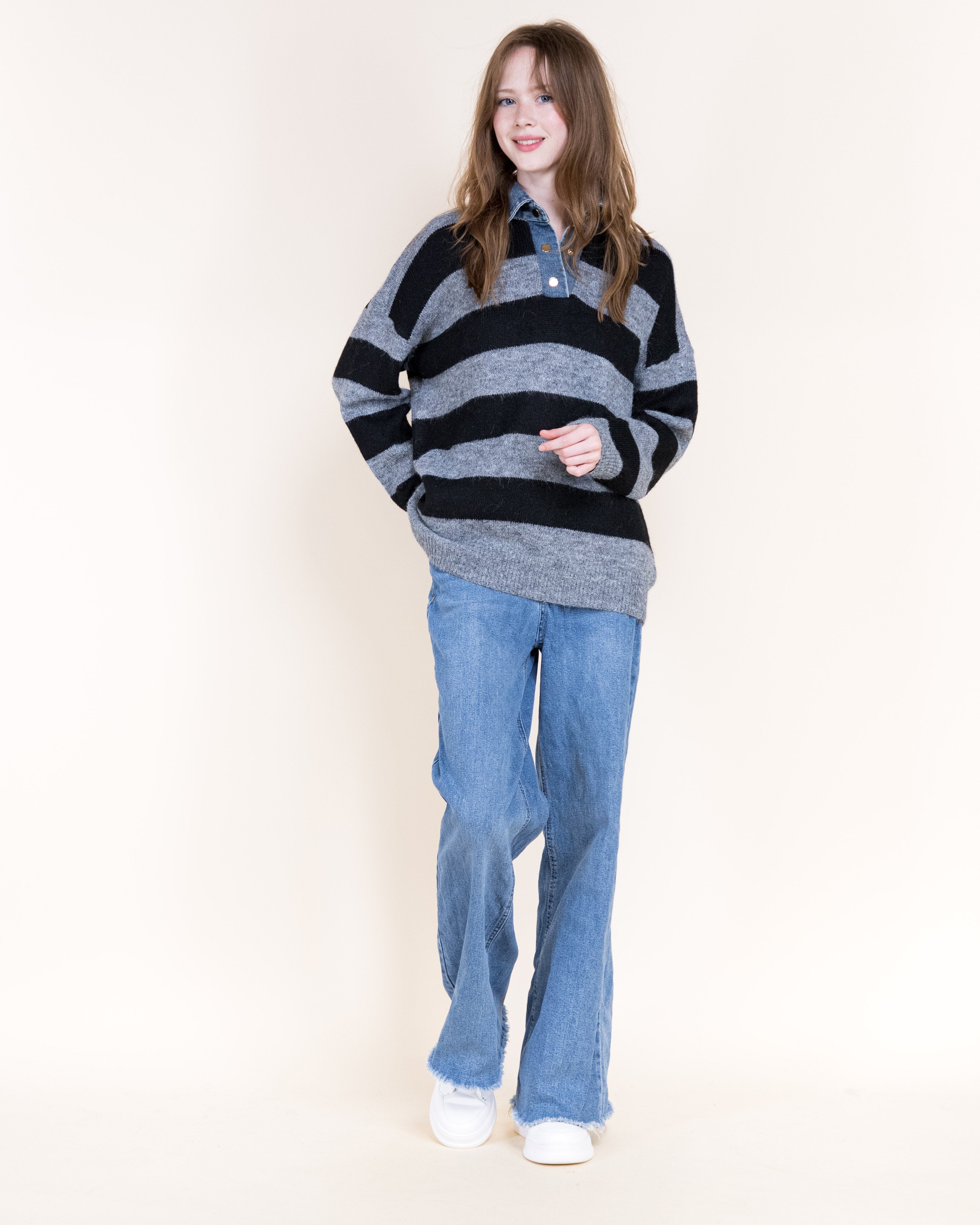 Breton Stripes Denim Collar Boyfriend Polo- DENIM (S/M, L/XL) (Pack of 6)