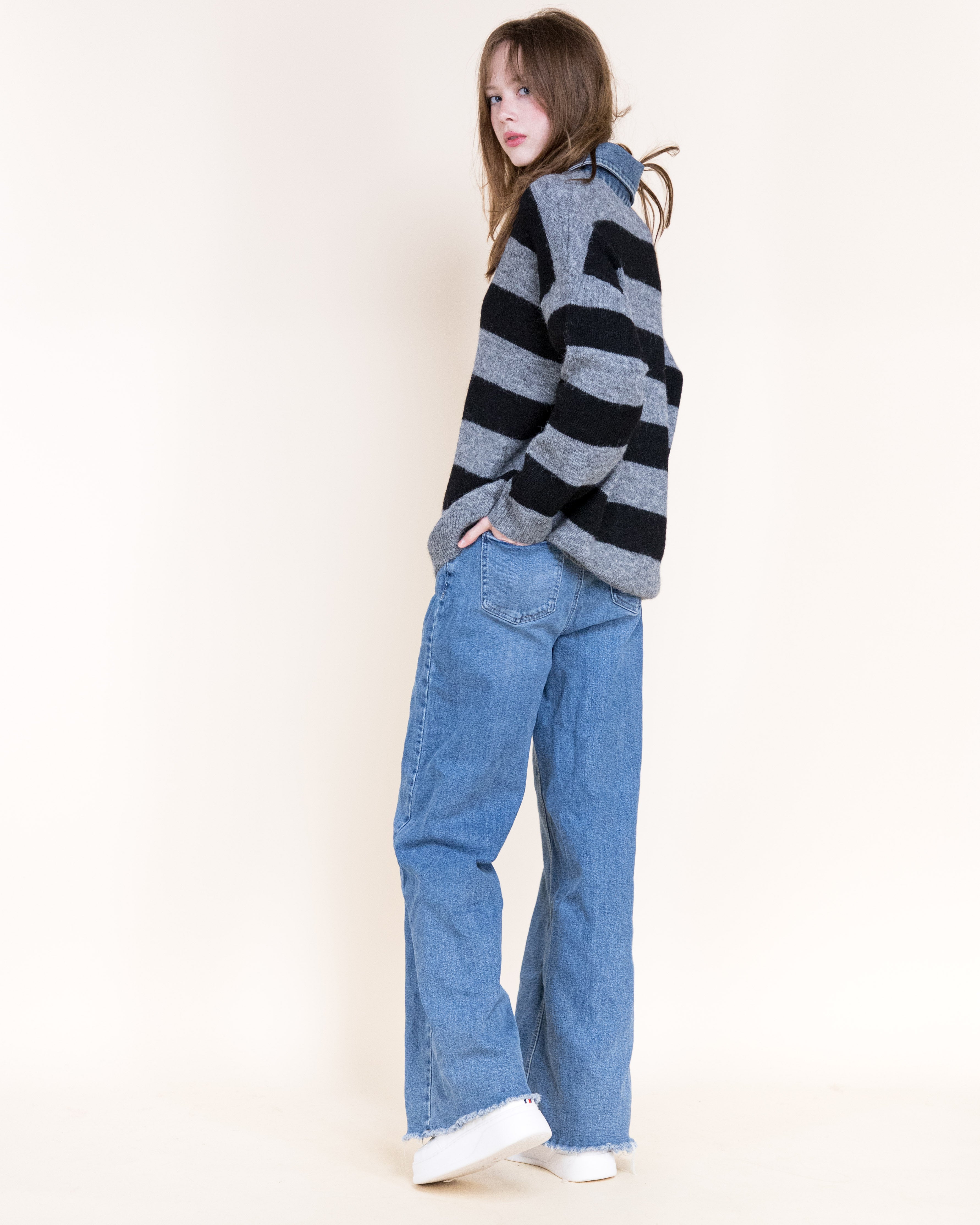 Breton Stripes Denim Collar Boyfriend Polo- DENIM (S/M, L/XL) (Pack of 6)