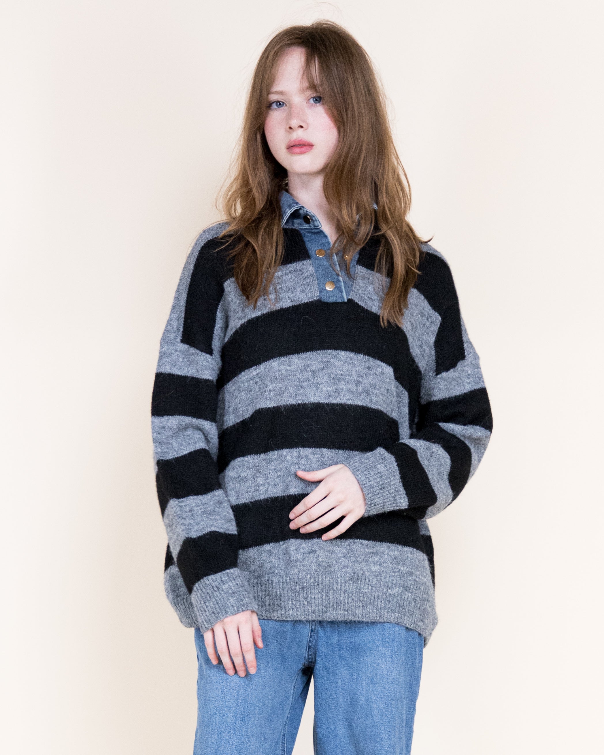 Breton Stripes Denim Collar Boyfriend Polo- DENIM (S/M, L/XL) (Pack of 6)