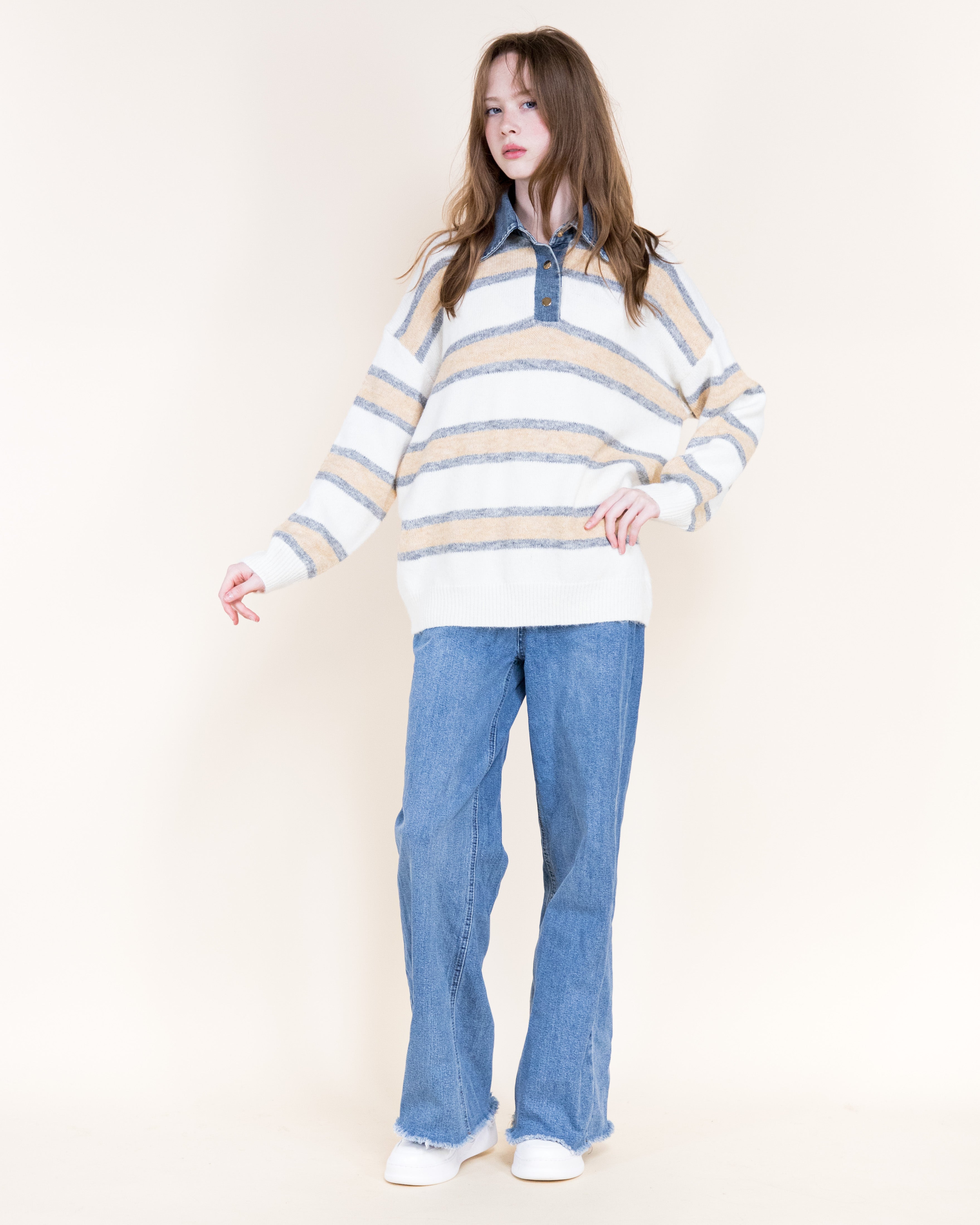 Breton Stripes Denim Collar Boyfriend Polo- DENIM (S/M, L/XL) (Pack of 6)
