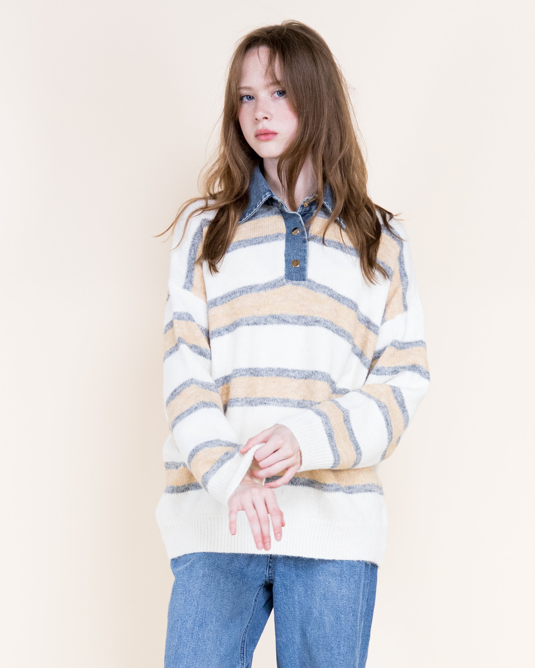Breton Stripes Denim Collar Boyfriend Polo- DENIM (S/M, L/XL) (Pack of 6)