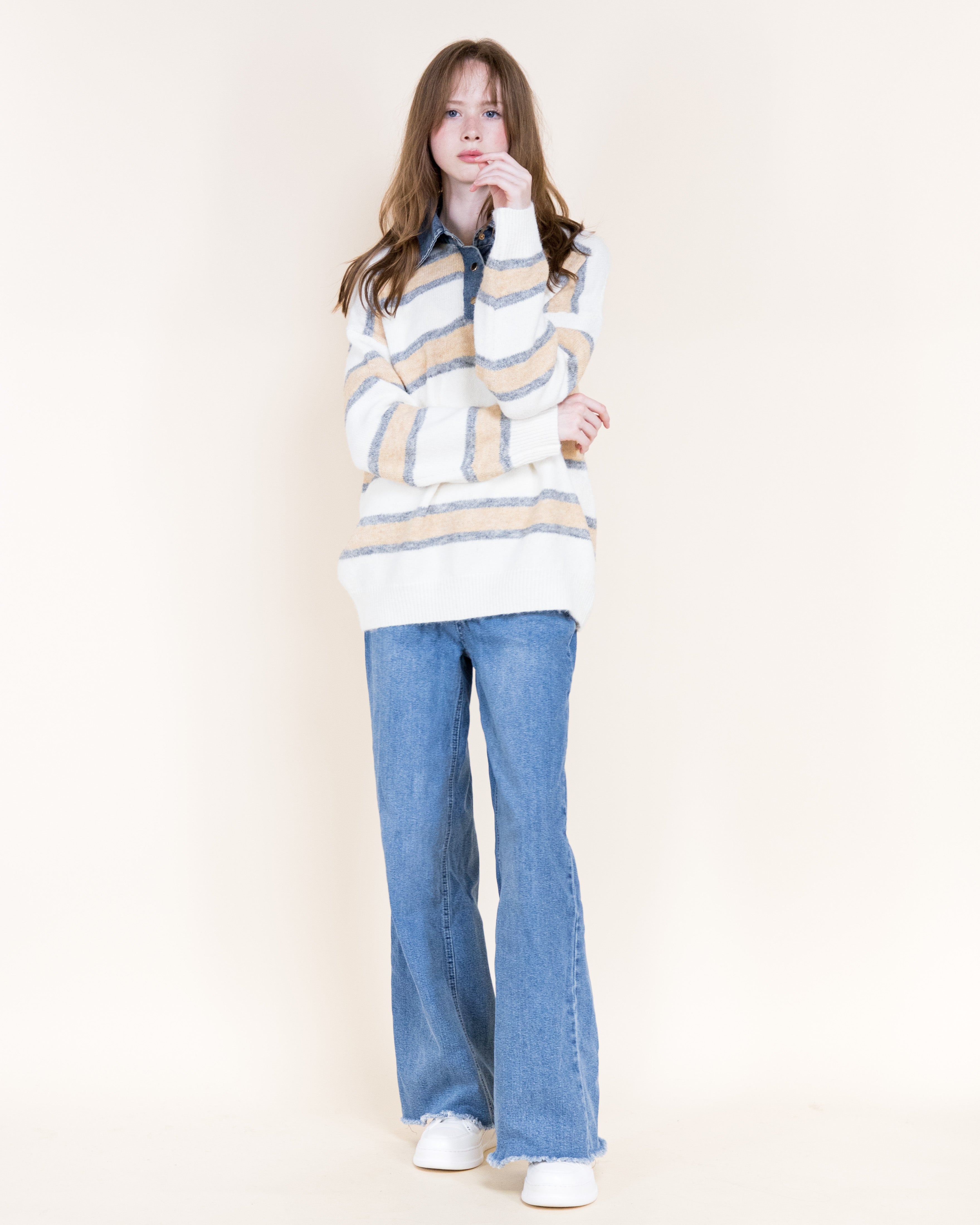 Breton Stripes Denim Collar Boyfriend Polo- DENIM (S/M, L/XL) (Pack of 6)
