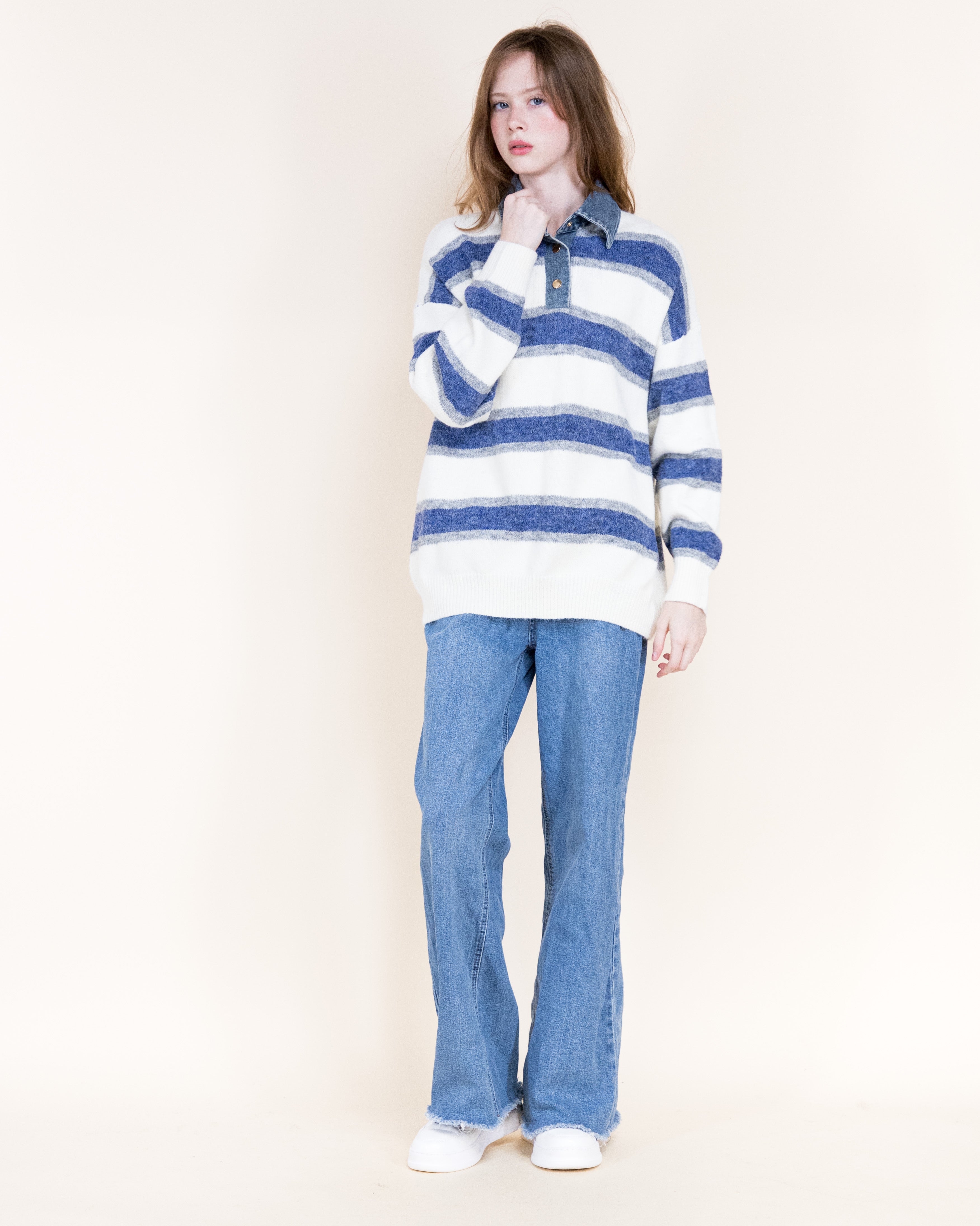 Breton Stripes Denim Collar Boyfriend Polo- DENIM (S/M, L/XL) (Pack of 6)