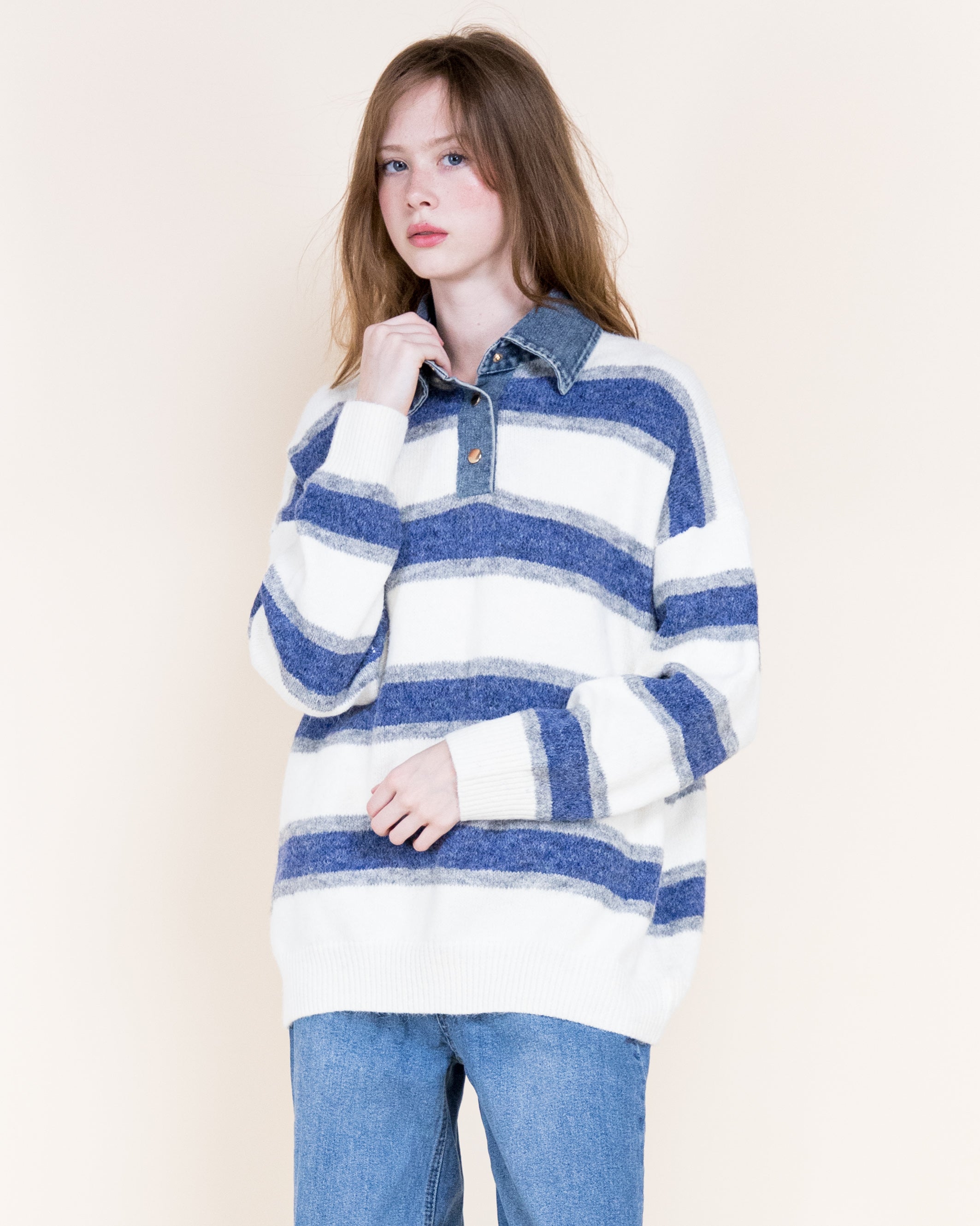 Breton Stripes Denim Collar Boyfriend Polo- DENIM (S/M, L/XL) (Pack of 6)