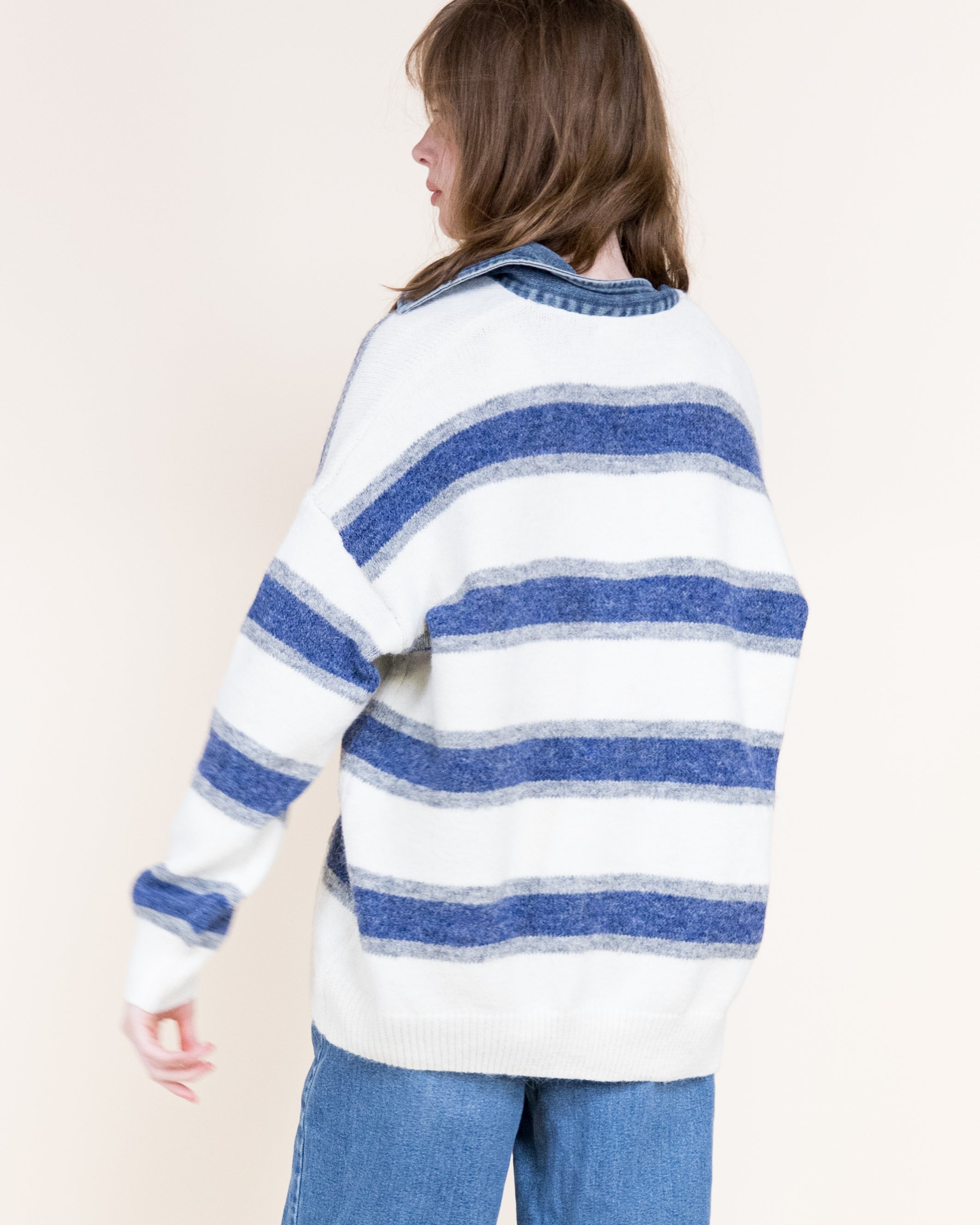 Breton Stripes Denim Collar Boyfriend Polo- DENIM (S/M, L/XL) (Pack of 6)