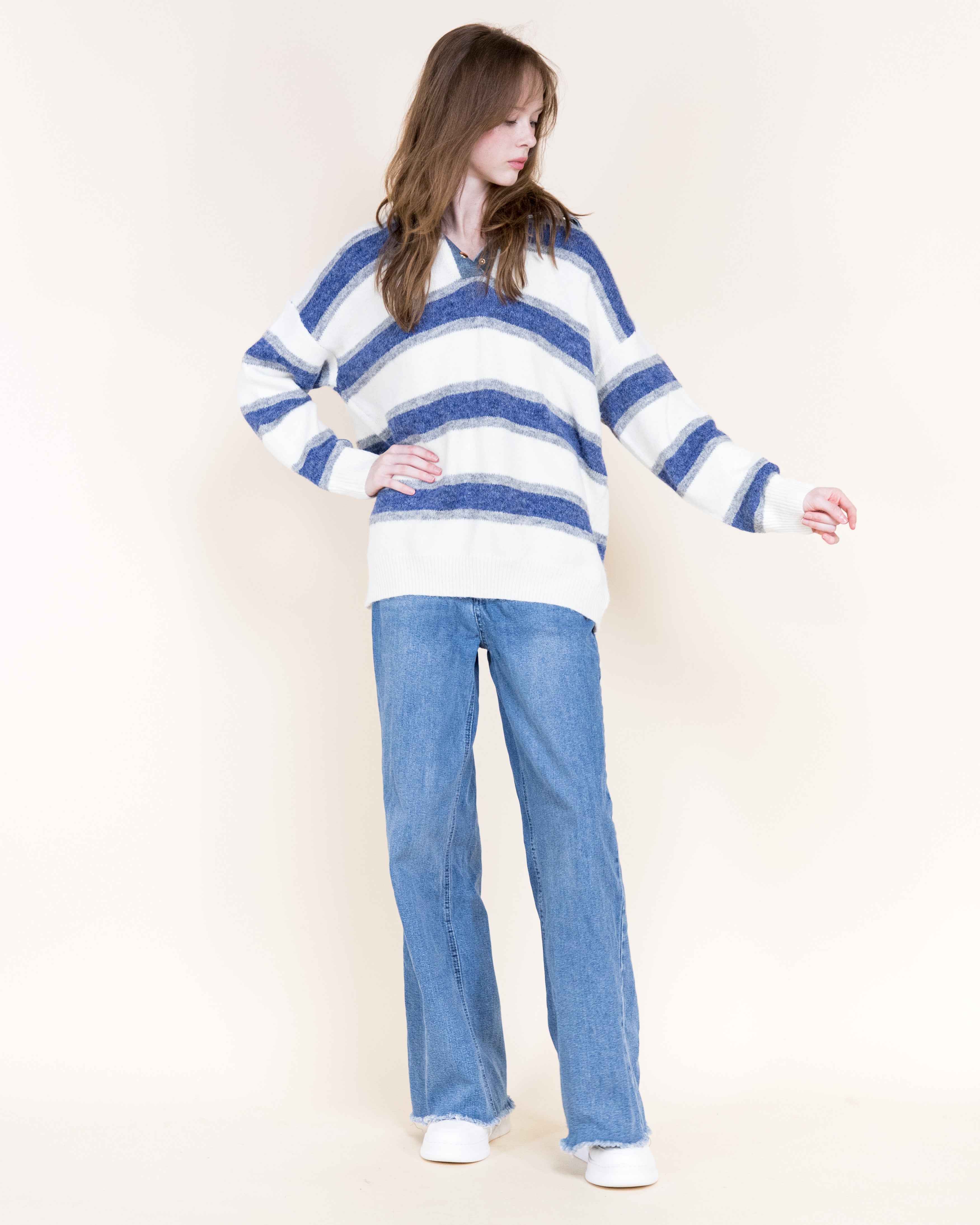 Breton Stripes Denim Collar Boyfriend Polo- DENIM (S/M, L/XL) (Pack of 6)