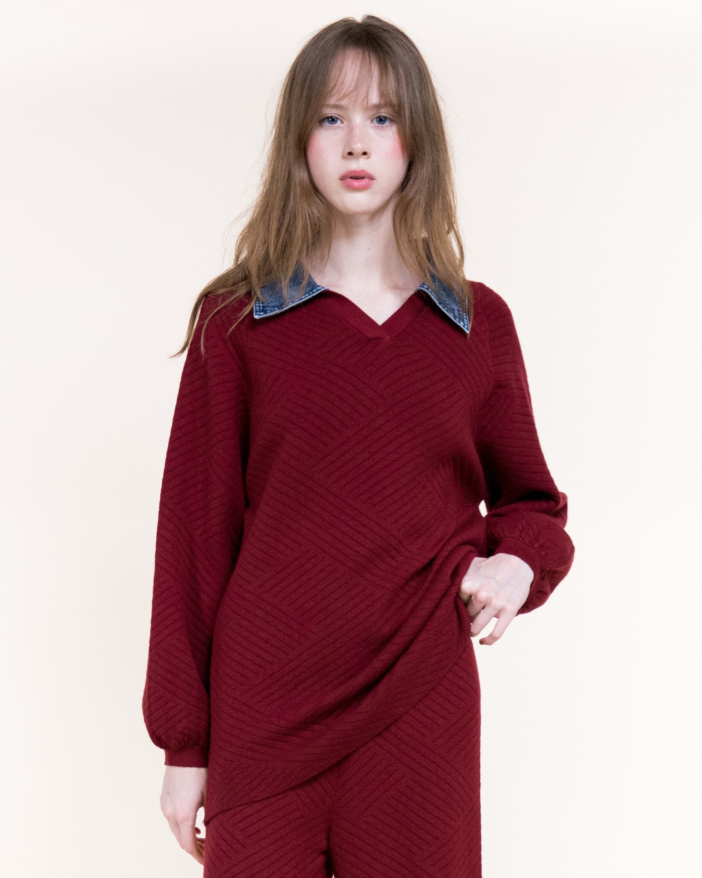 Chevron Texture Denim Collar Boyfriend Polo- BURGUNDY (S/M, L/XL) (Pack of 6)