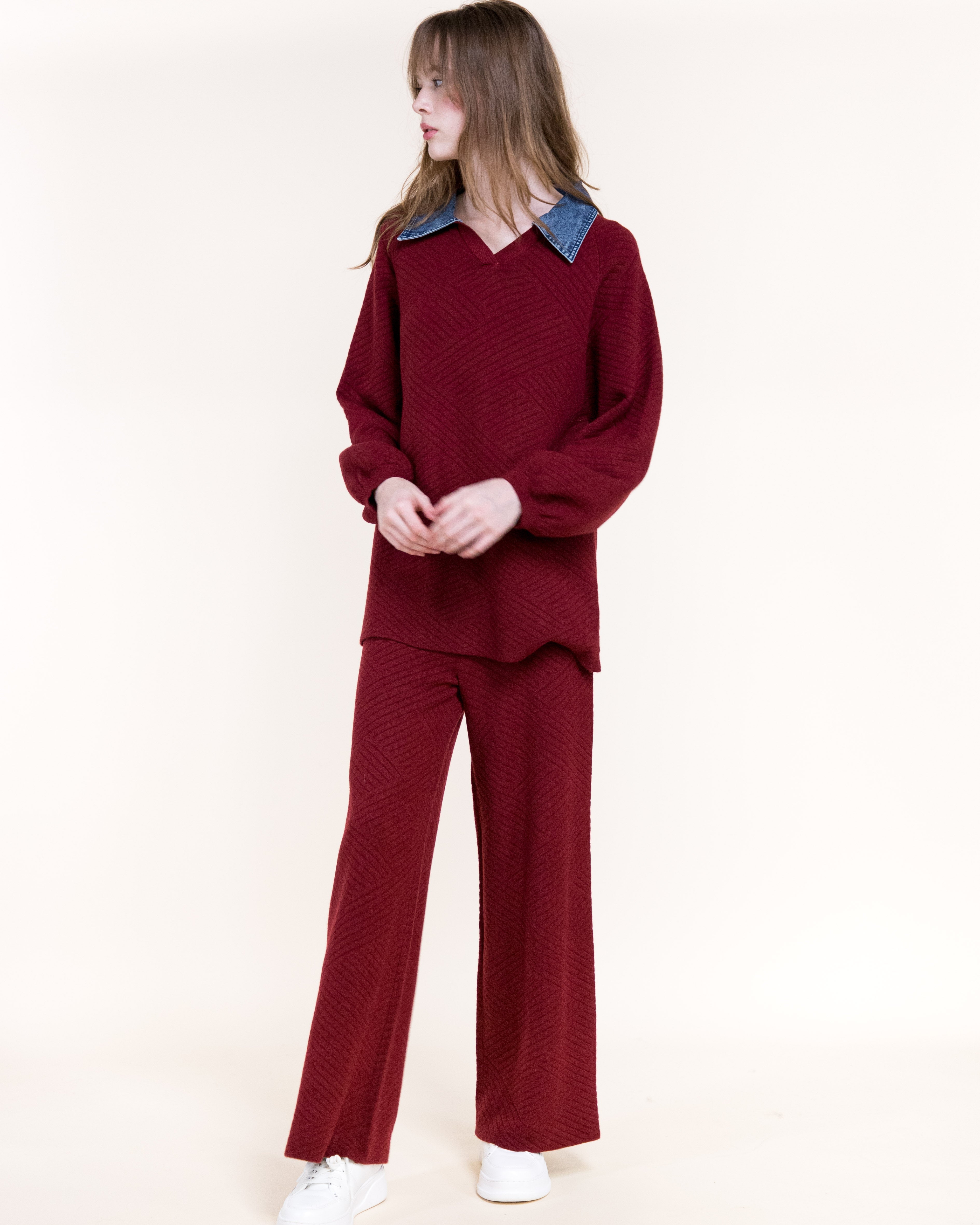 Chevron Texture Wide Leg Pants- BURGUNDY (S/M, L/XL) (Pack of 6)