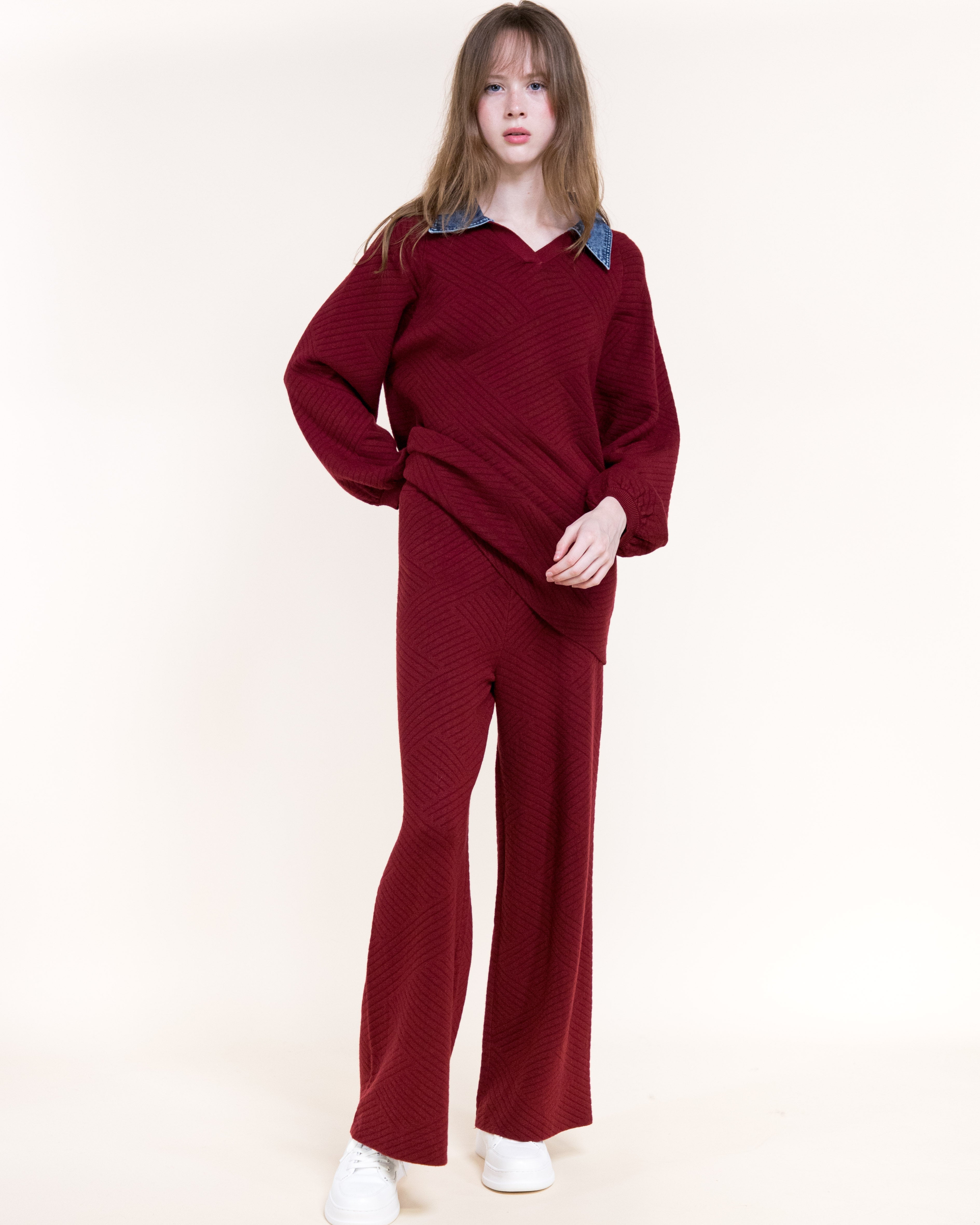 Chevron Texture Wide Leg Pants- BURGUNDY (S/M, L/XL) (Pack of 6)