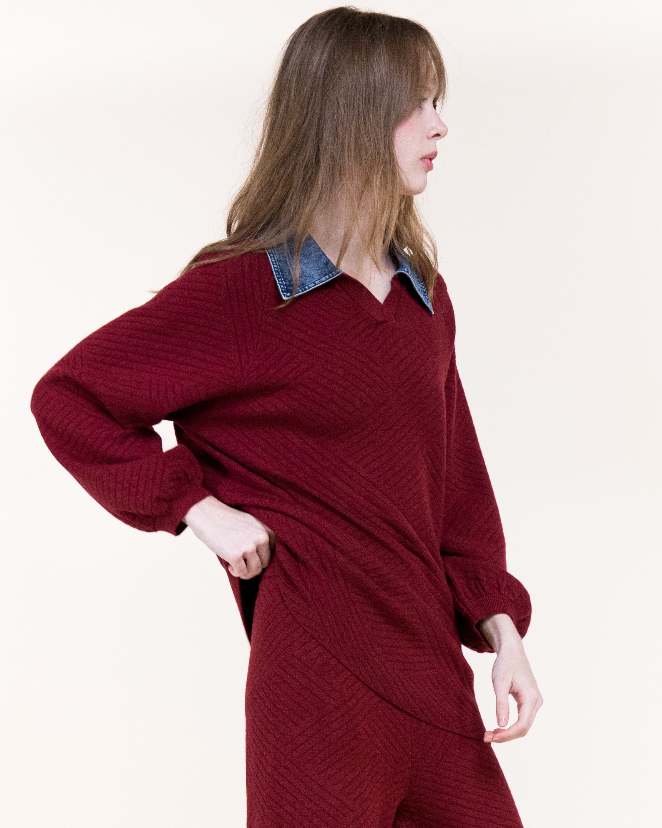 Chevron Texture Denim Collar Boyfriend Polo- BURGUNDY (S/M, L/XL) (Pack of 6)