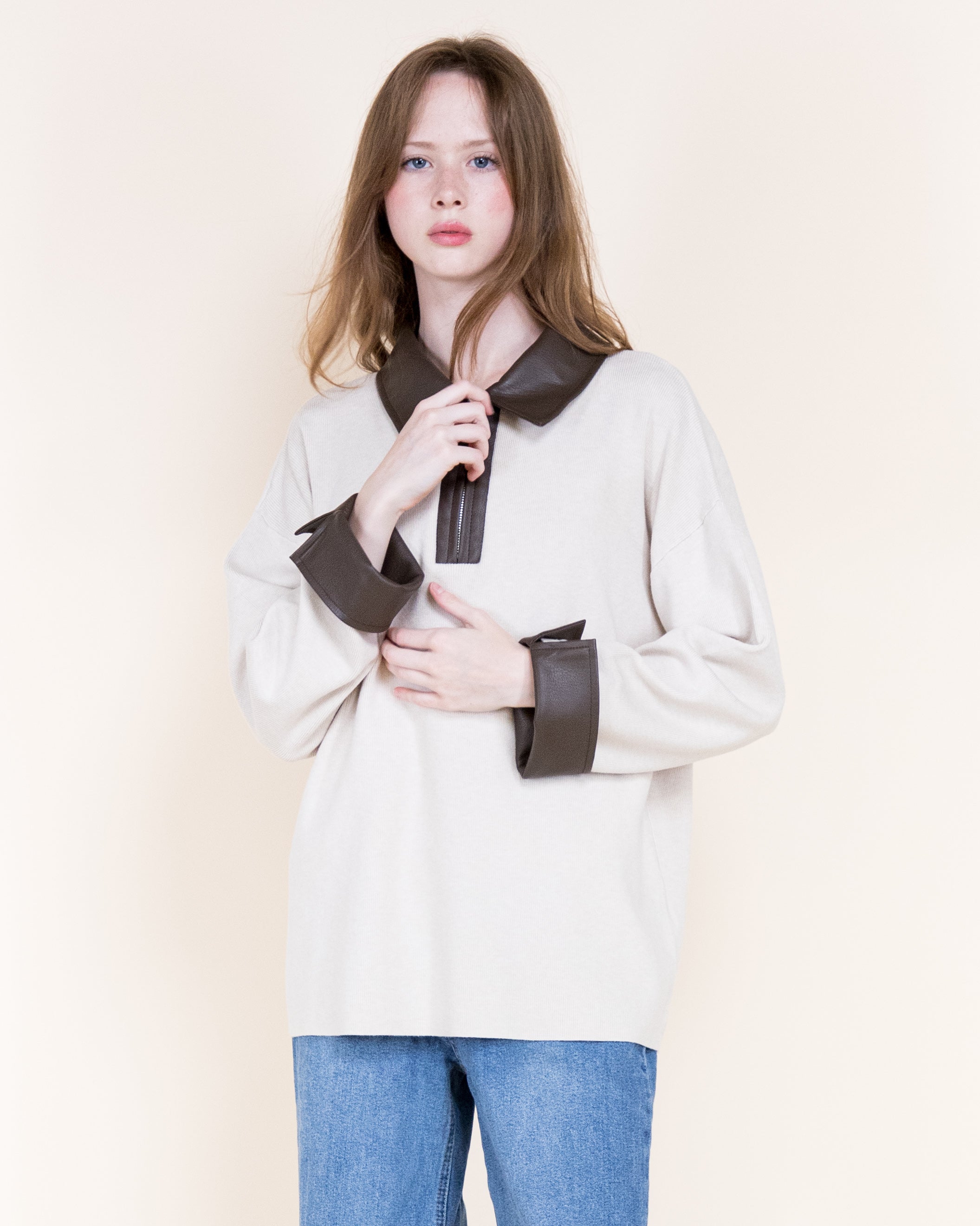 Woven Vegan Leather Trim Johnny Collar Luxe Polo-BEIGE (S/M, L/XL) (Pack of 6)