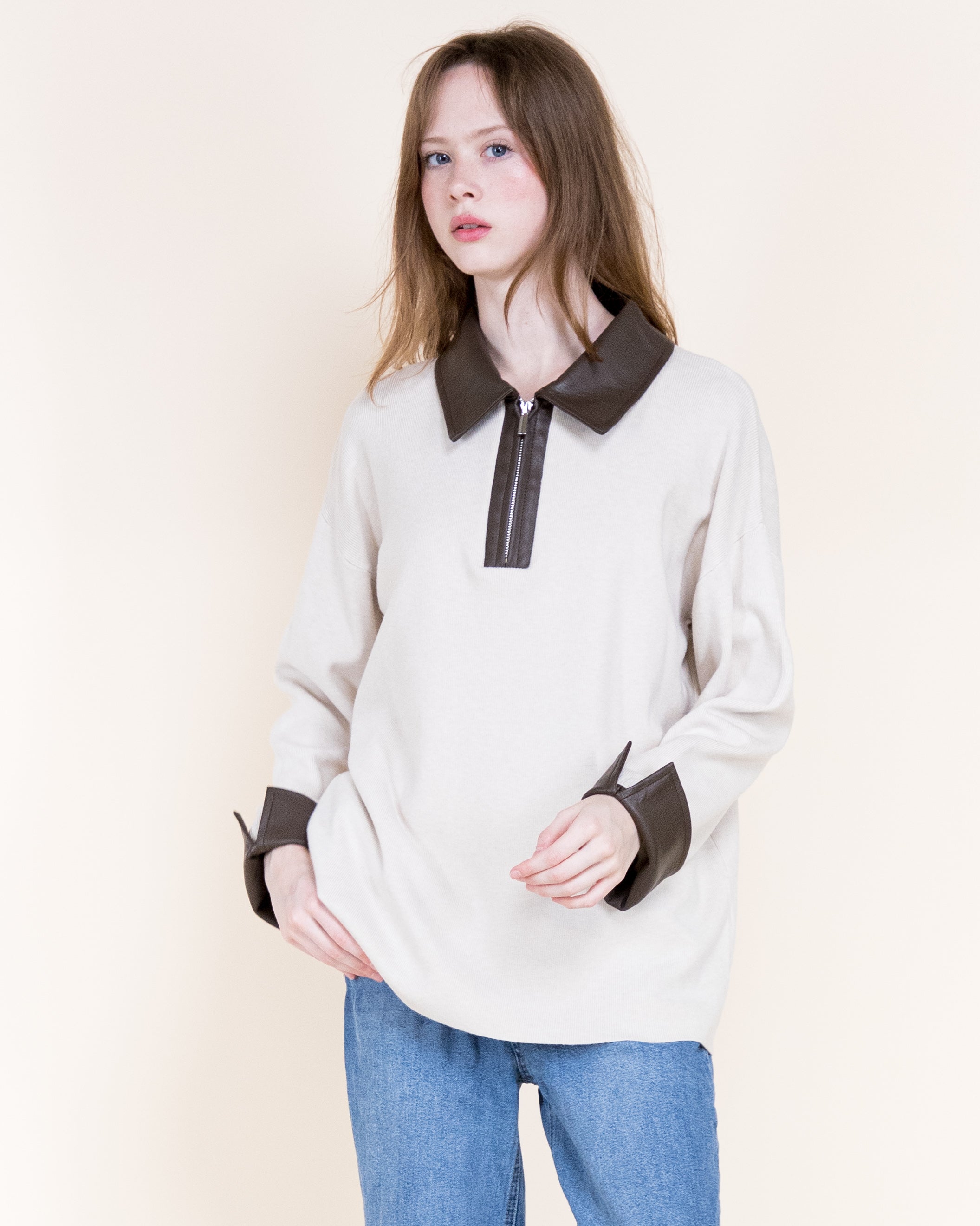 Woven Vegan Leather Trim Johnny Collar Luxe Polo-BEIGE (S/M, L/XL) (Pack of 6)