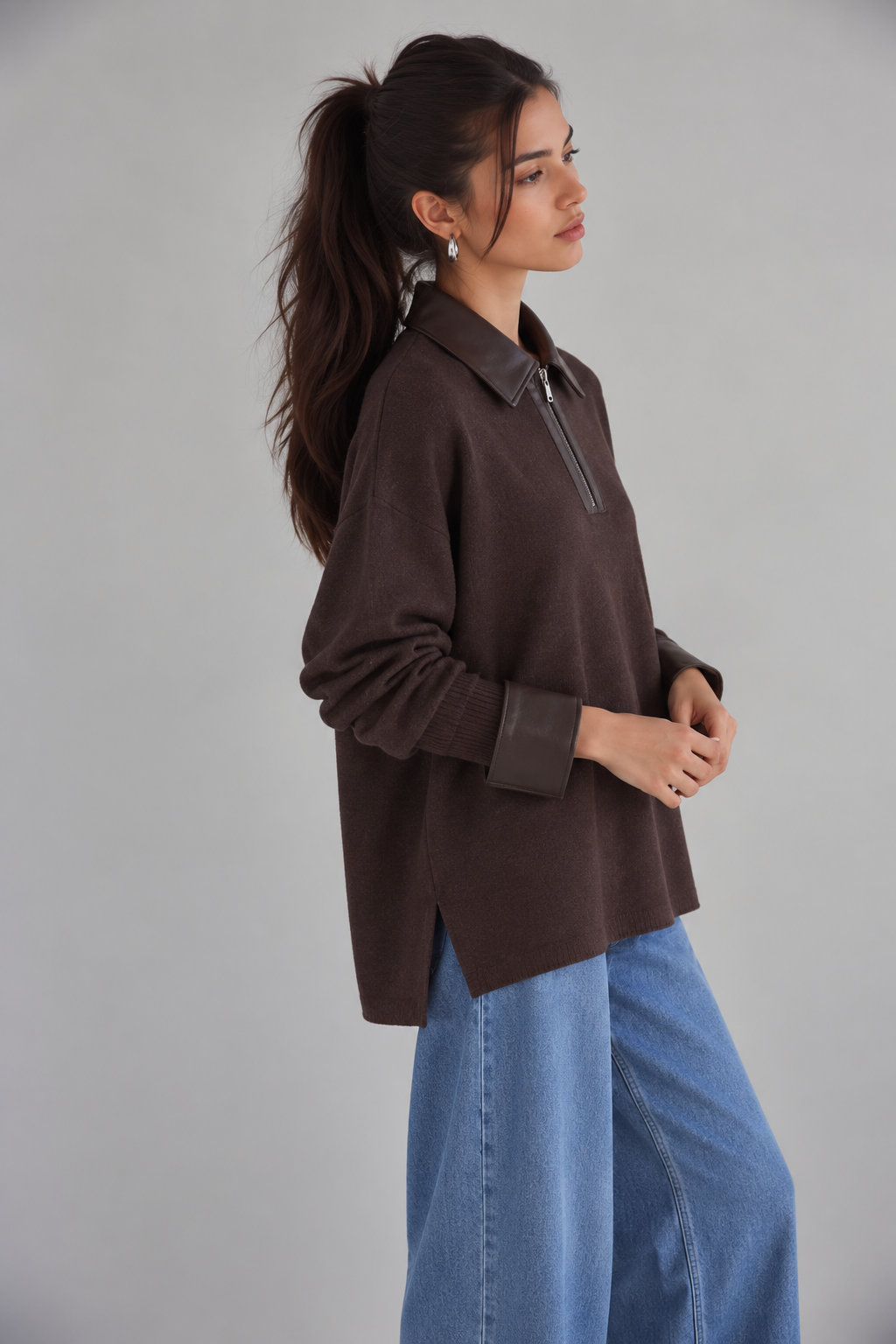 Woven Vegan Leather Trim Johnny Collar Luxe Polo- BROWN (S/M, L/XL) (Pack of 6)