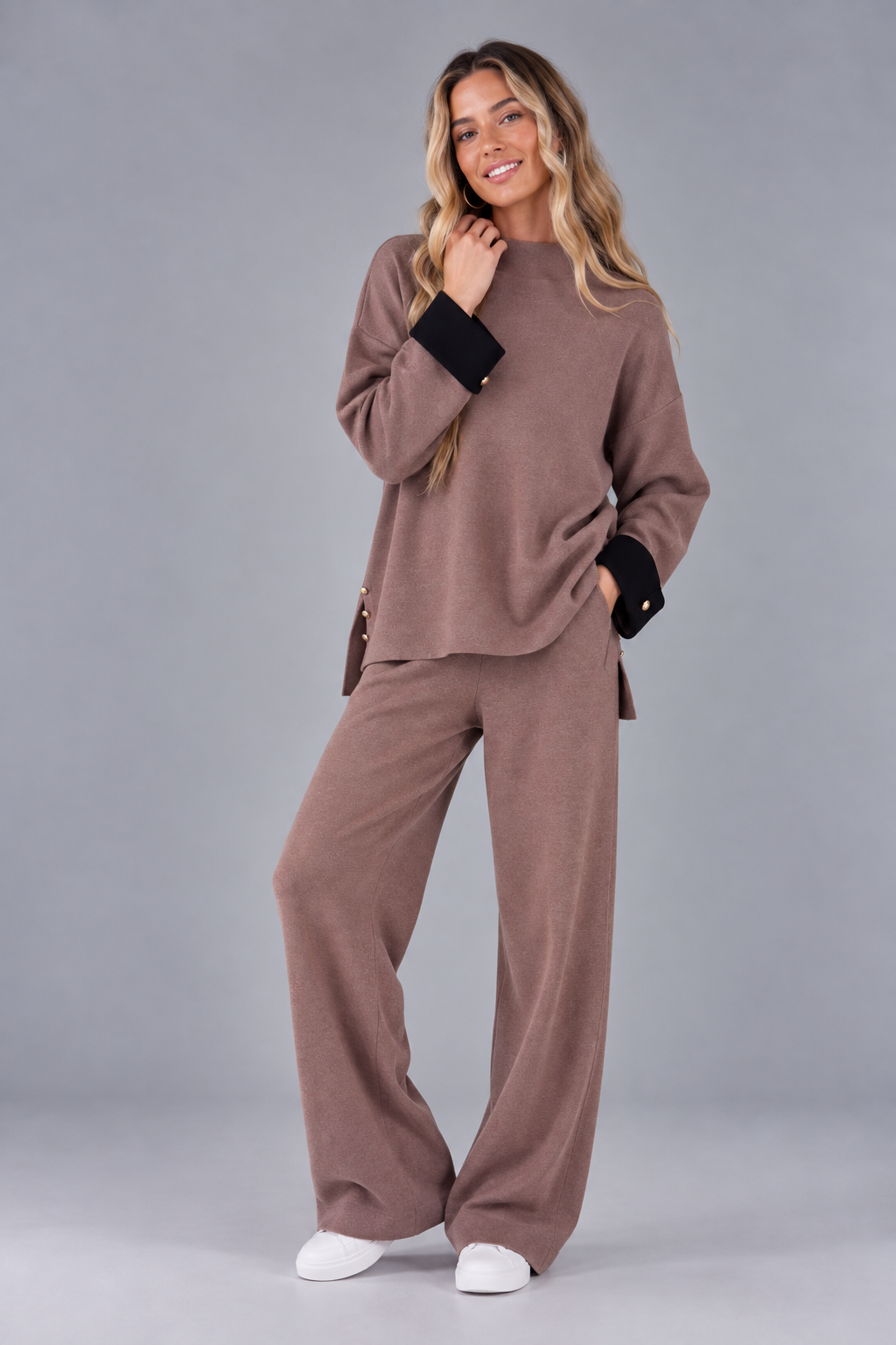 Atelier Button Detail Contrast Cuff Lounge Pullover Sweater- MOCHA (S/M, L/XL) (Pack of 6)