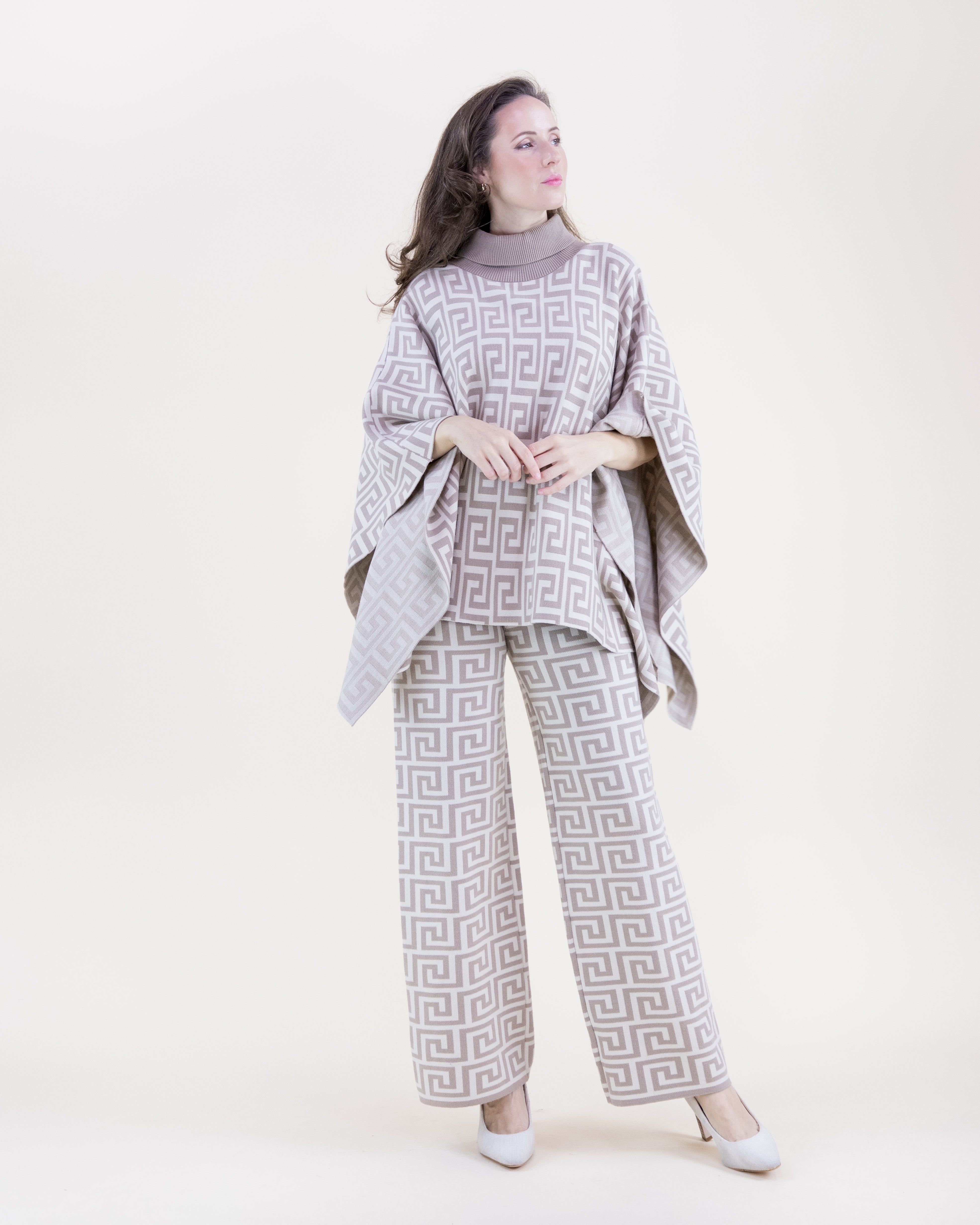 Greek Pattern Turtle Neck Poncho - BEIGE (S/M, L/XL) (Pack of 6)