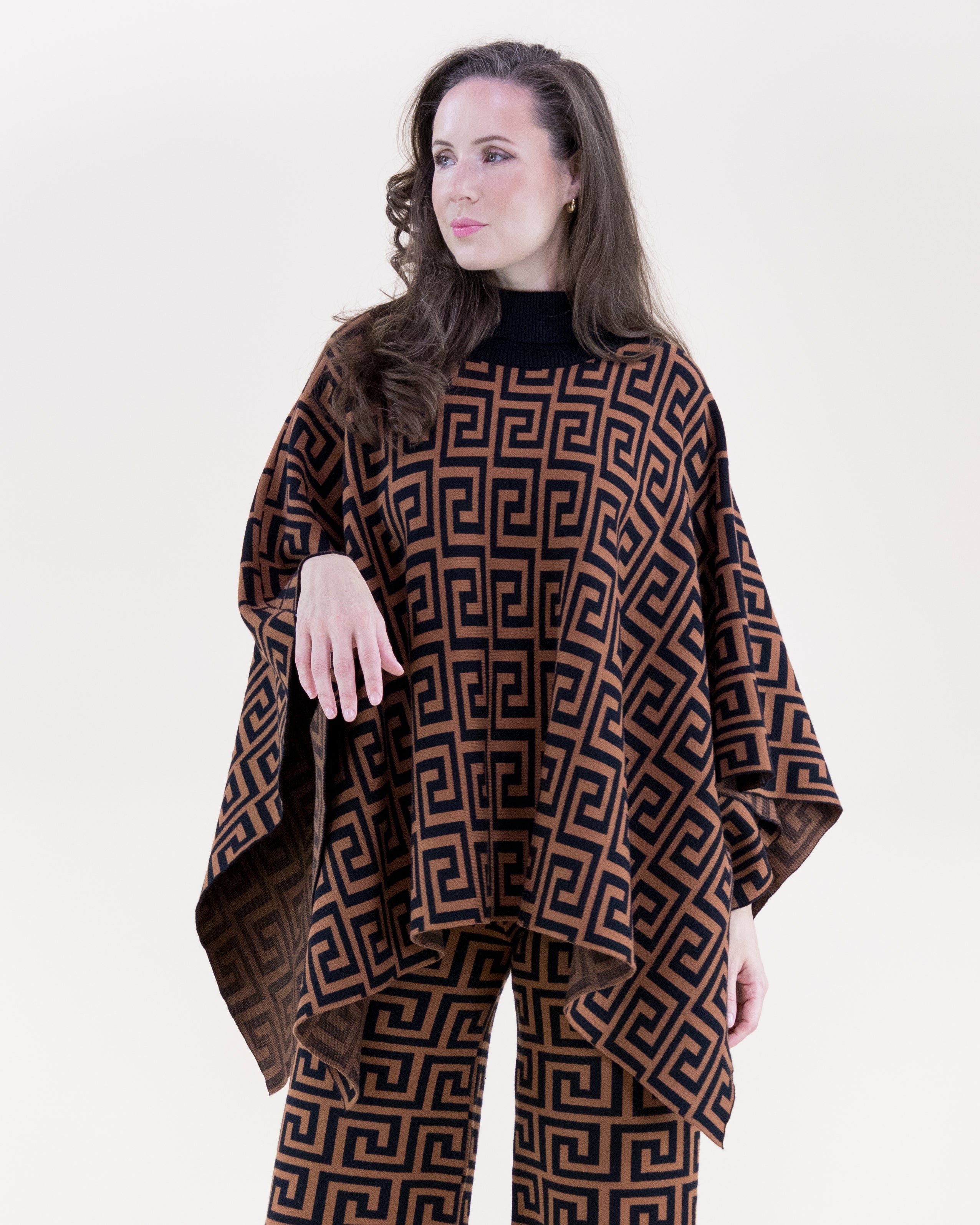 Greek Pattern Turtle Neck Poncho - BEIGE (S/M, L/XL) (Pack of 6)