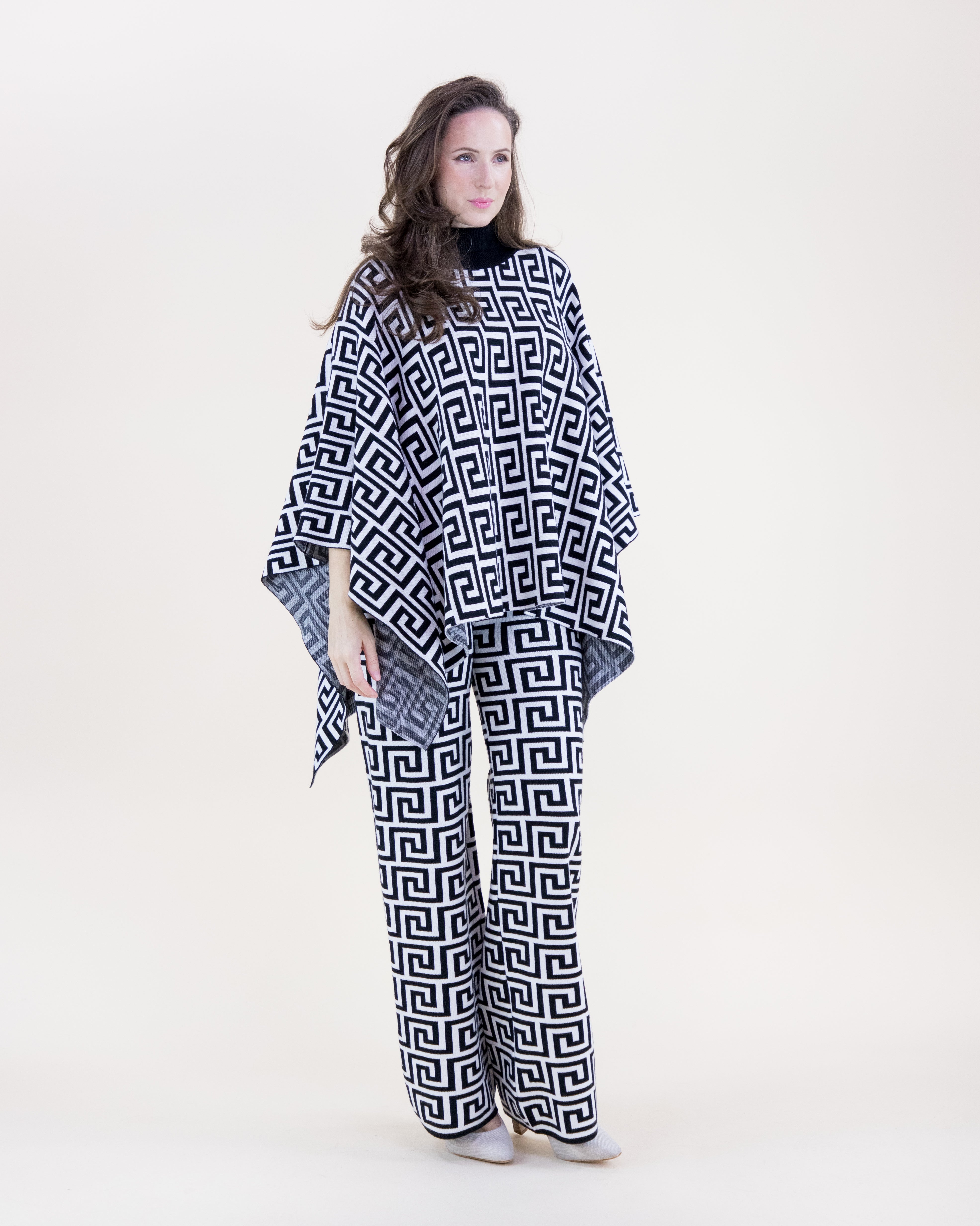 Greek Pattern Turtle Neck Poncho - BEIGE (S/M, L/XL) (Pack of 6)