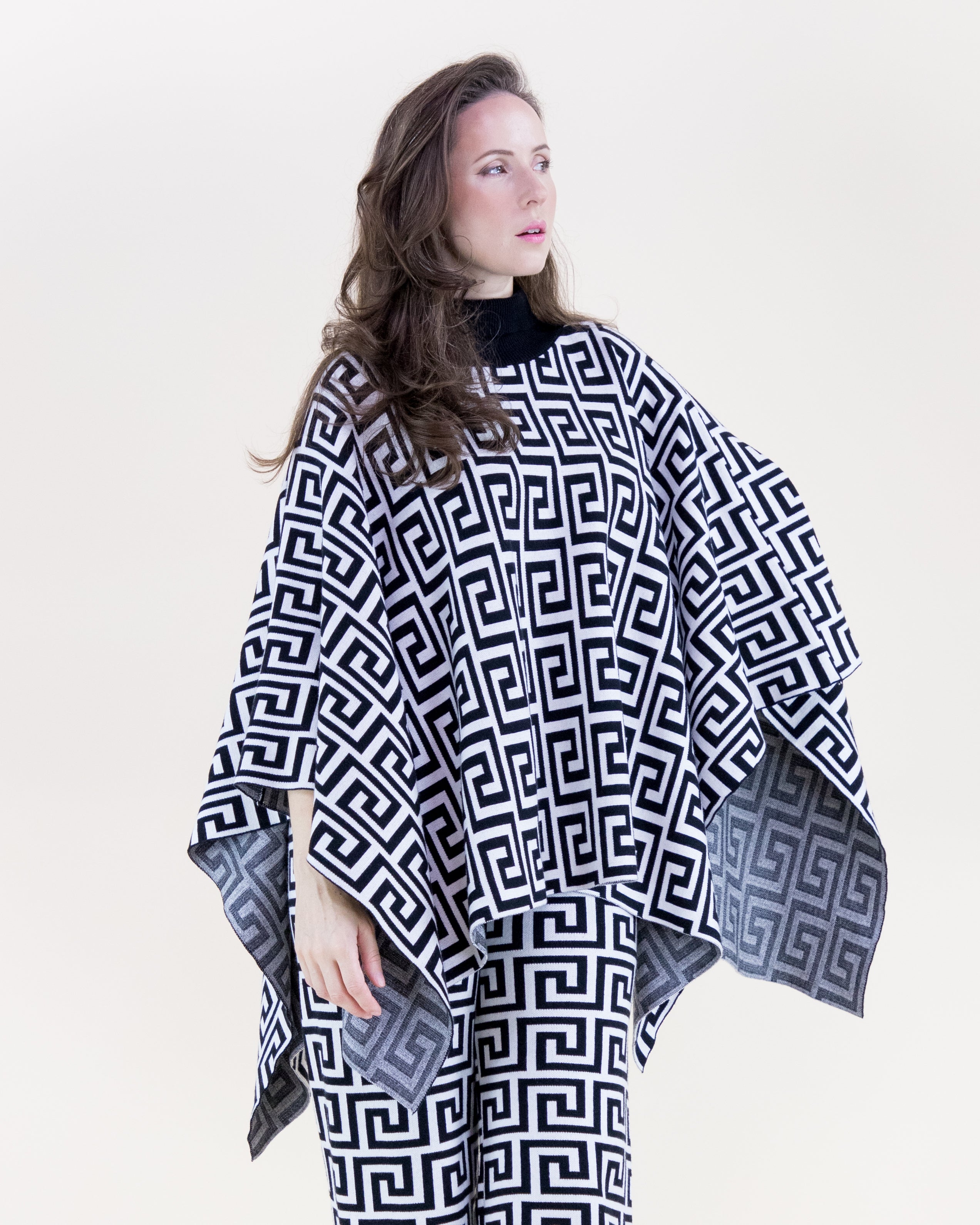 Greek Pattern Turtle Neck Poncho - BLACK WHITE (S/M, L/XL) (Pack of 6)