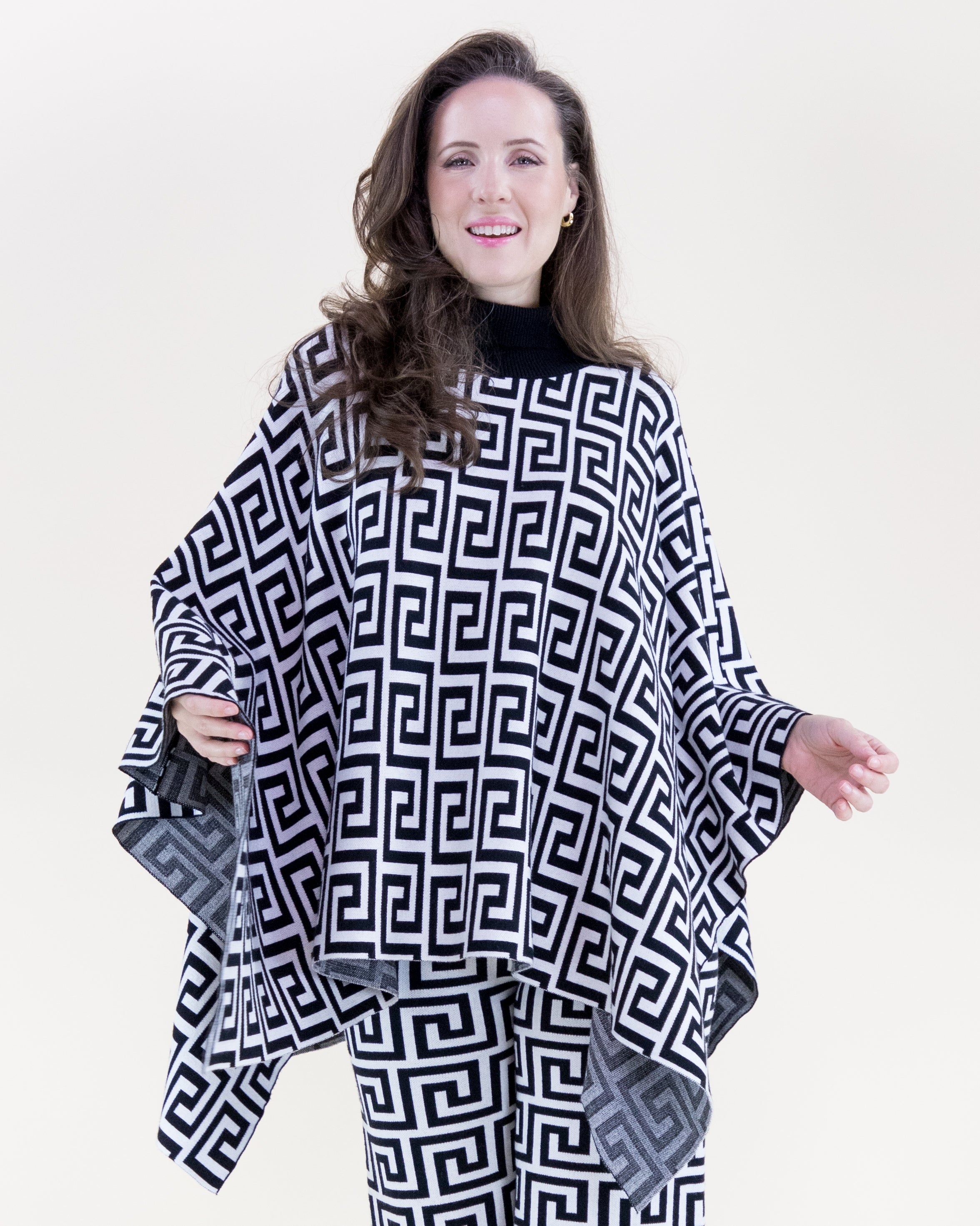 Greek Pattern Turtle Neck Poncho - BLACK CAMEL (S/M, L/XL) (Pack of 6)