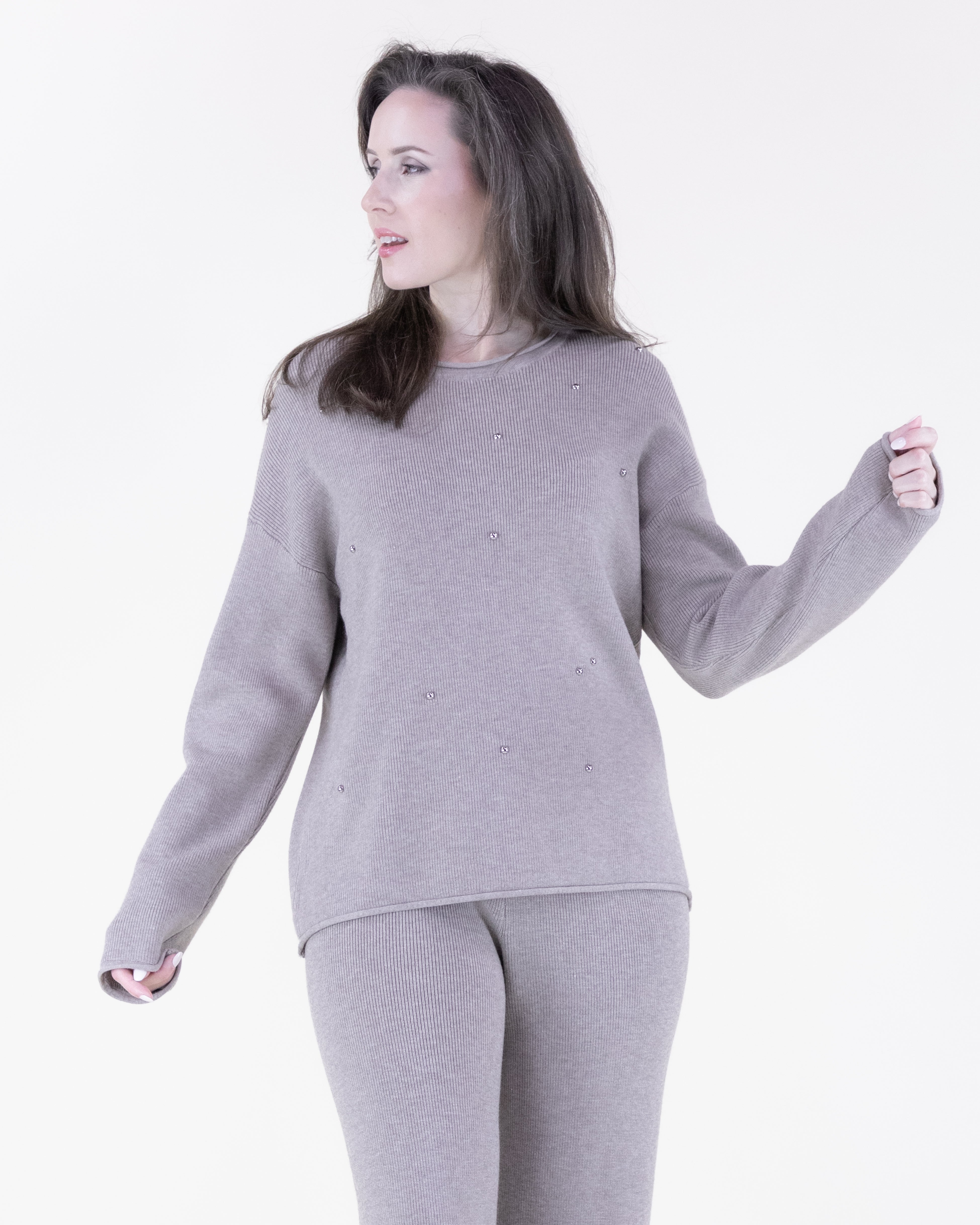 Crew Neck Embellished Rolled Hem Sweater - KHAKI (S/M, L/XL) (Pack of 6)