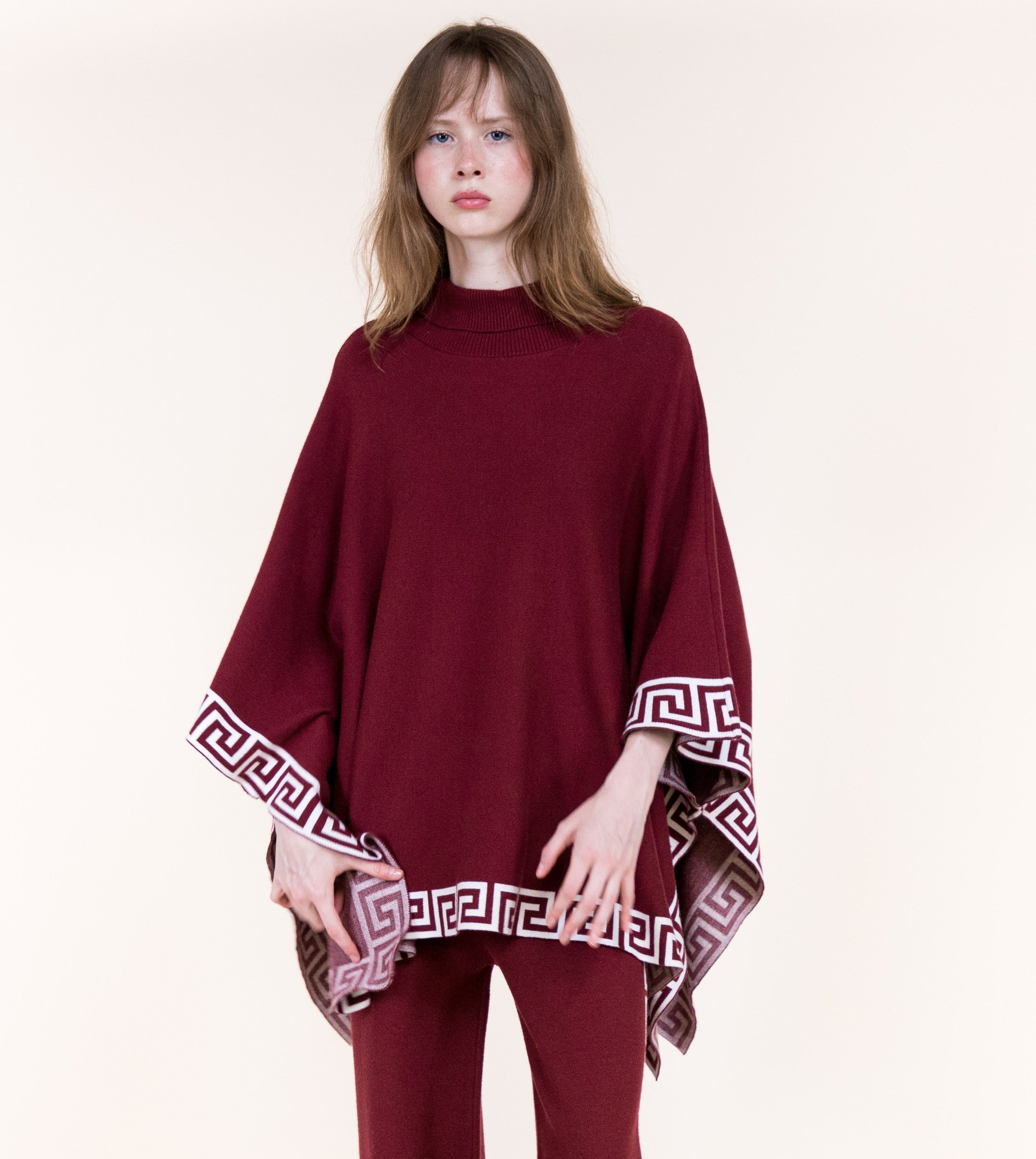 Greek Key Border Turtle Neck Poncho-BLACK (S/M, L/XL) (Pack of 6)