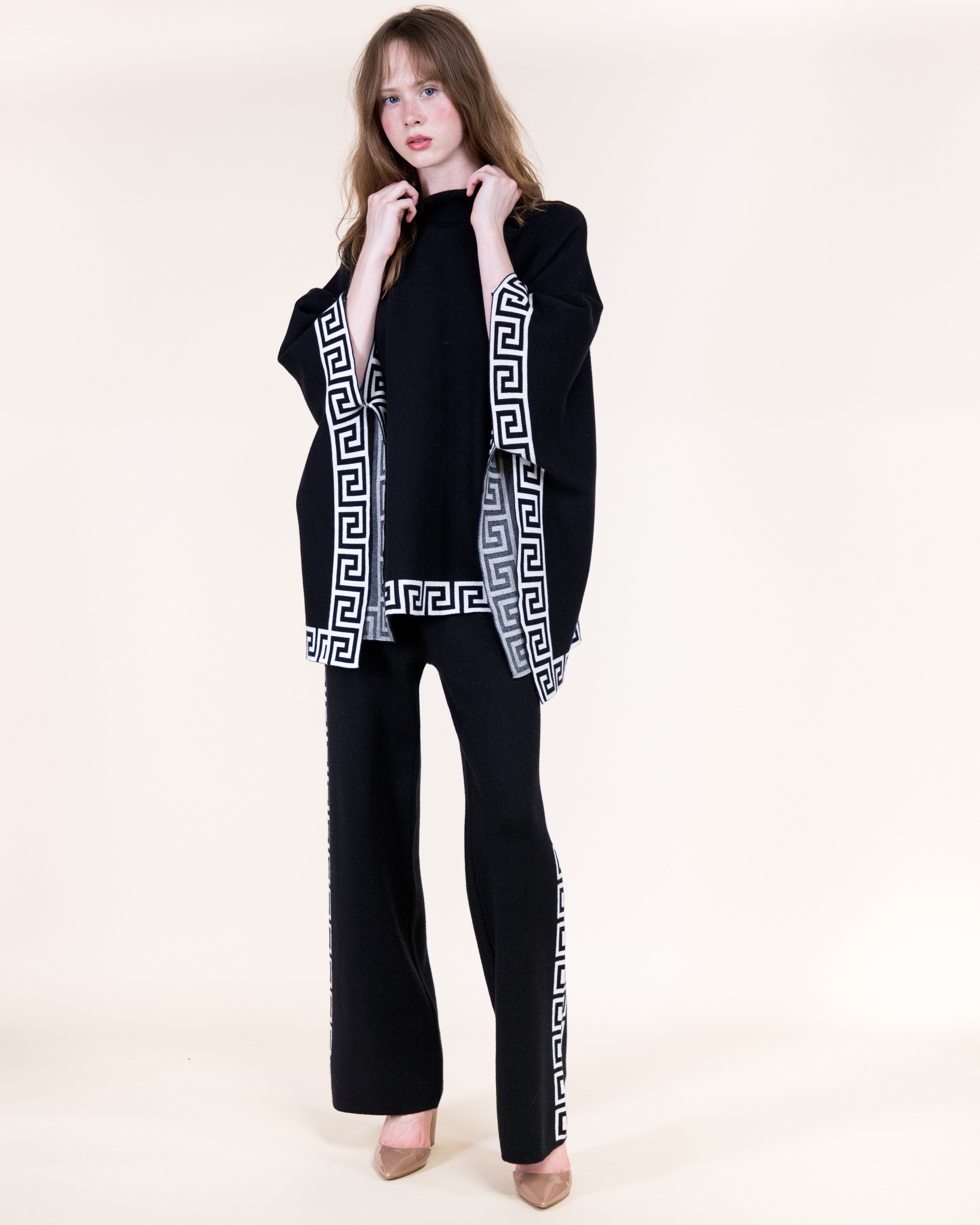Greek Key Border Turtle Neck Poncho-BLACK (S/M, L/XL) (Pack of 6)
