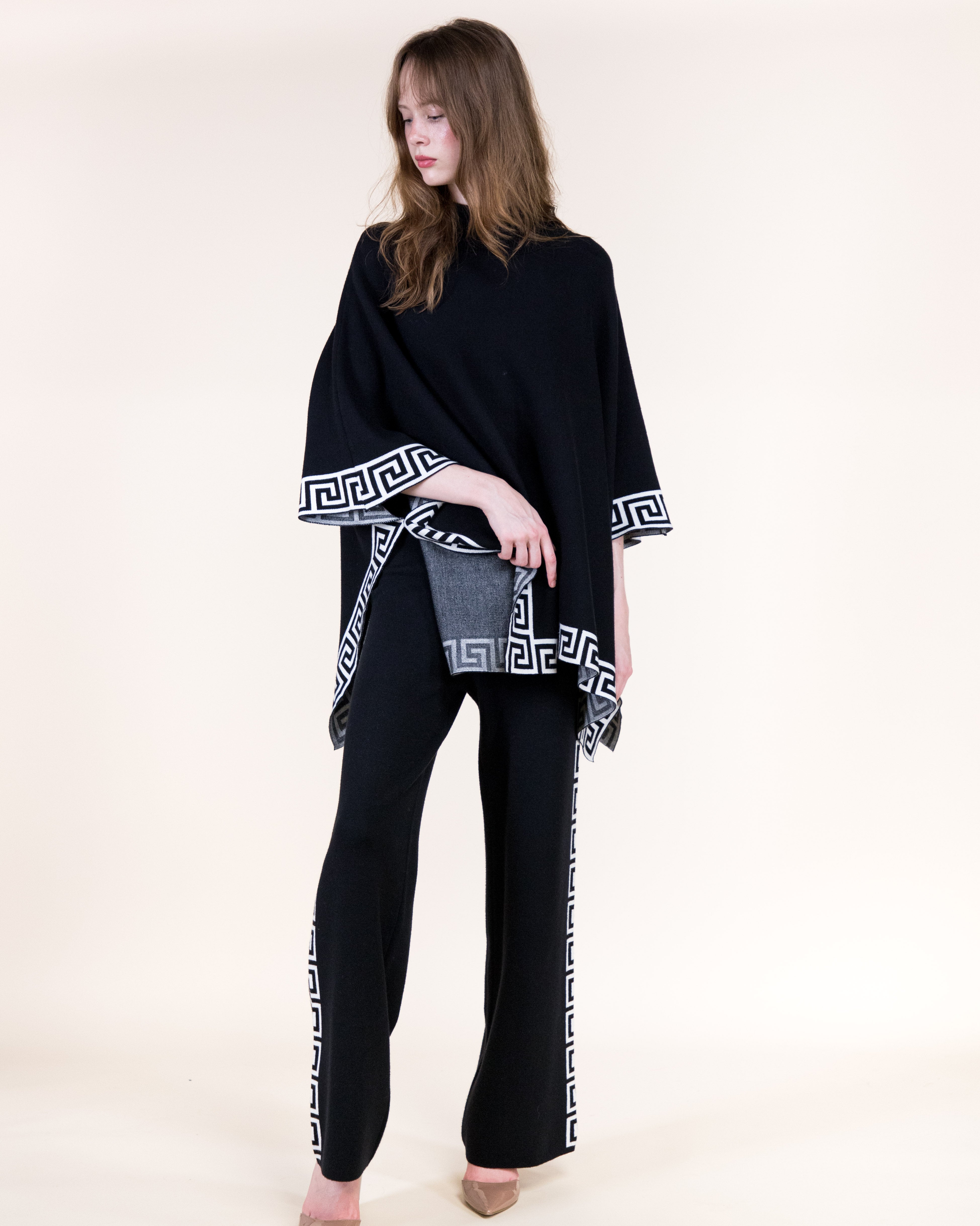 Greek Key Border Turtle Neck Poncho-BLACK (S/M, L/XL) (Pack of 6)