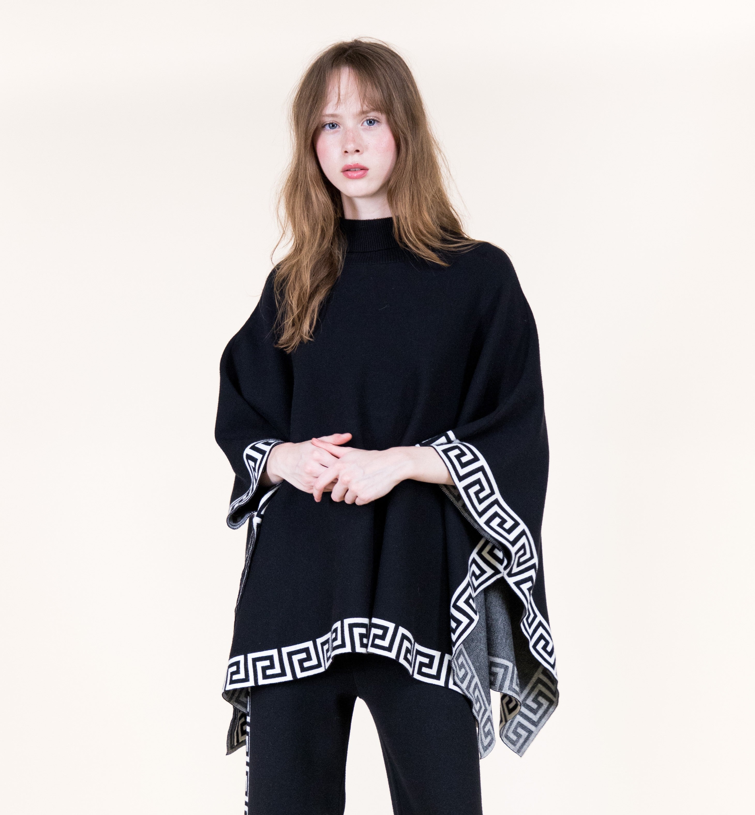 Greek Key Border Turtle Neck Poncho-BLACK (S/M, L/XL) (Pack of 6)