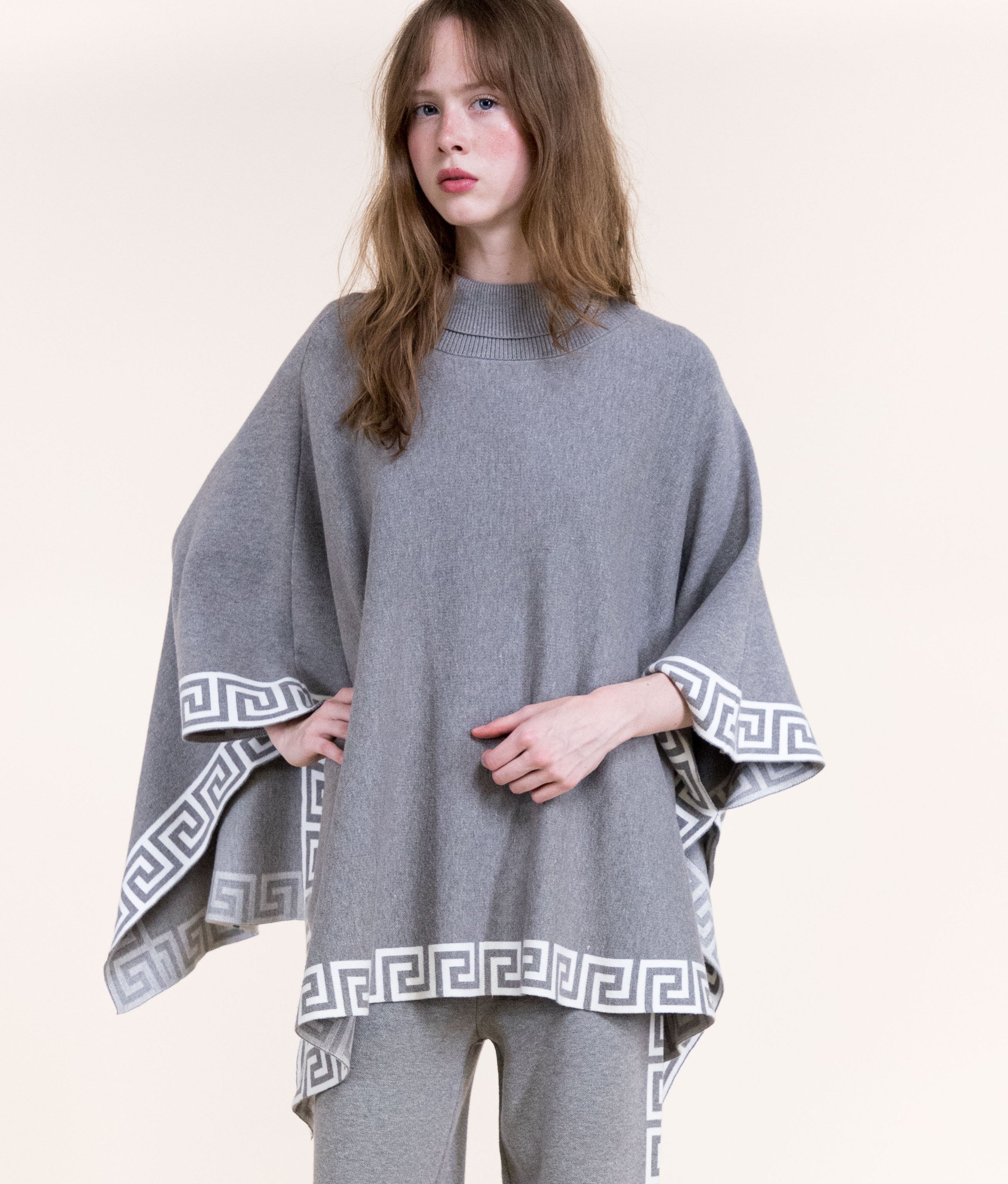 Greek Key Border Turtle Neck Poncho-BLACK (S/M, L/XL) (Pack of 6)