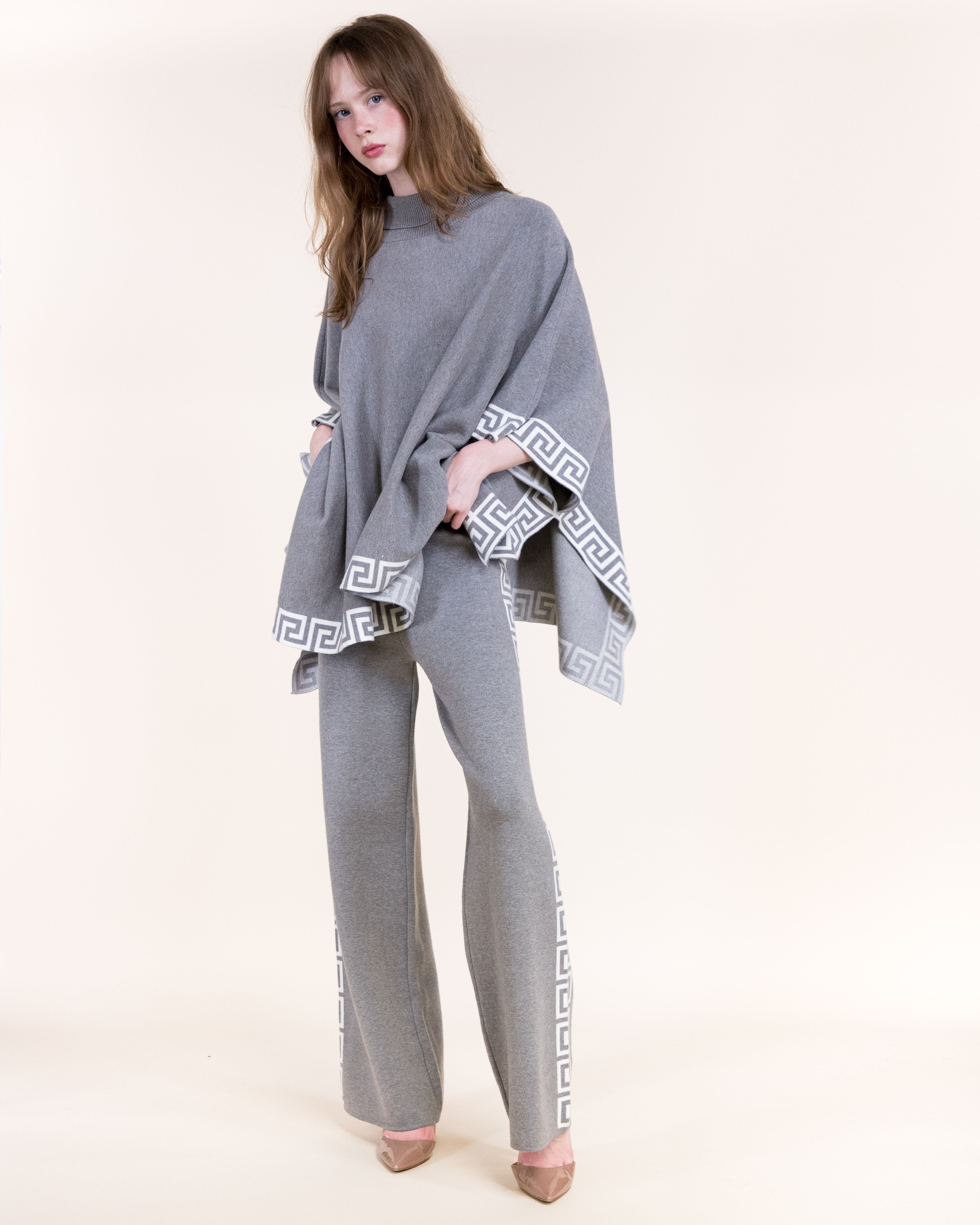 Greek Key Border Turtle Neck Poncho-BLACK (S/M, L/XL) (Pack of 6)