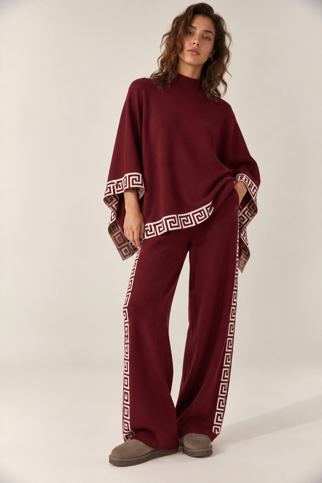 Greek Key Border Turtle Neck Poncho- BURGUNDY (S/M, L/XL) (Pack of 6)