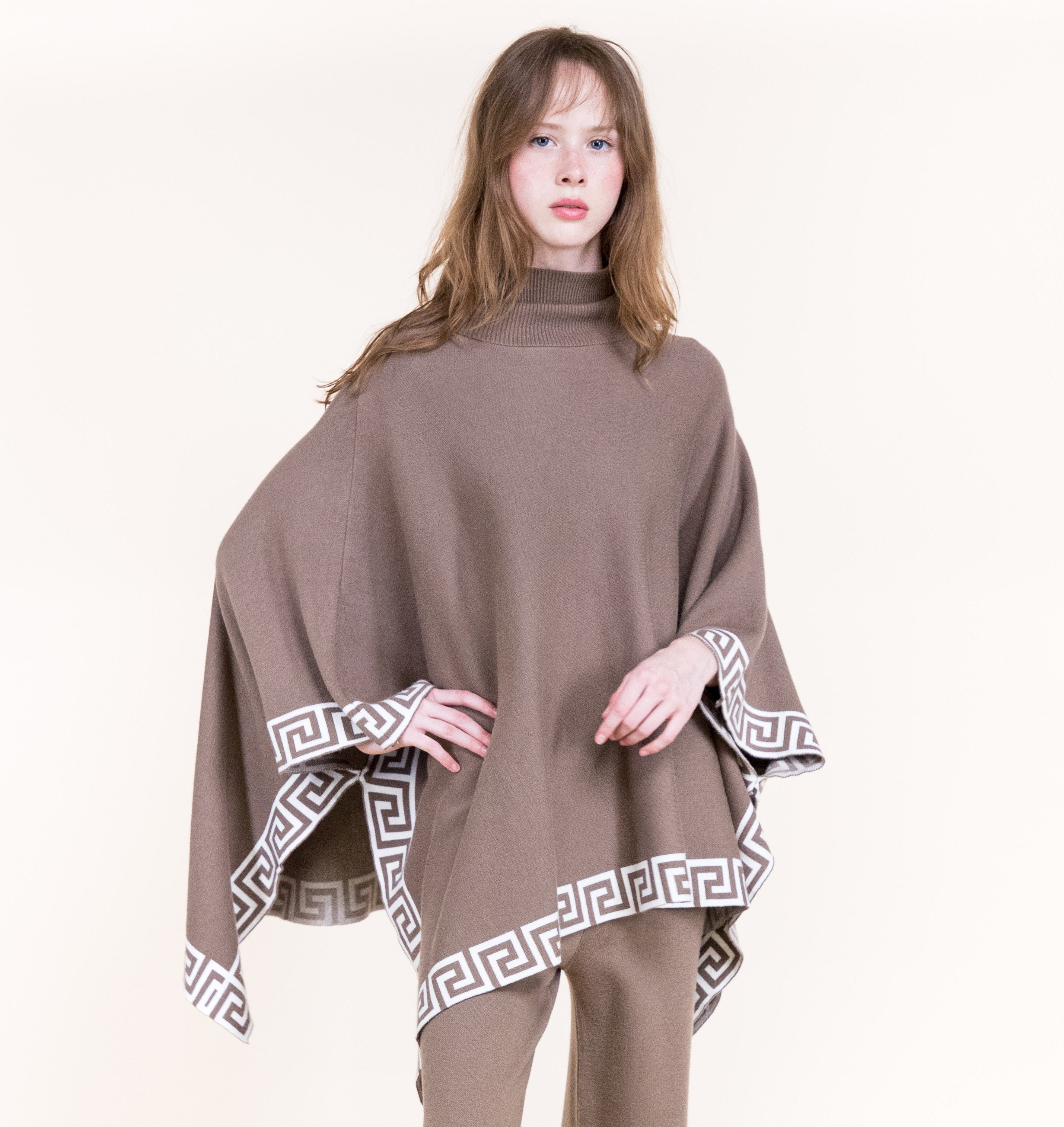 Greek Key Border Turtle Neck Poncho-BLACK (S/M, L/XL) (Pack of 6)