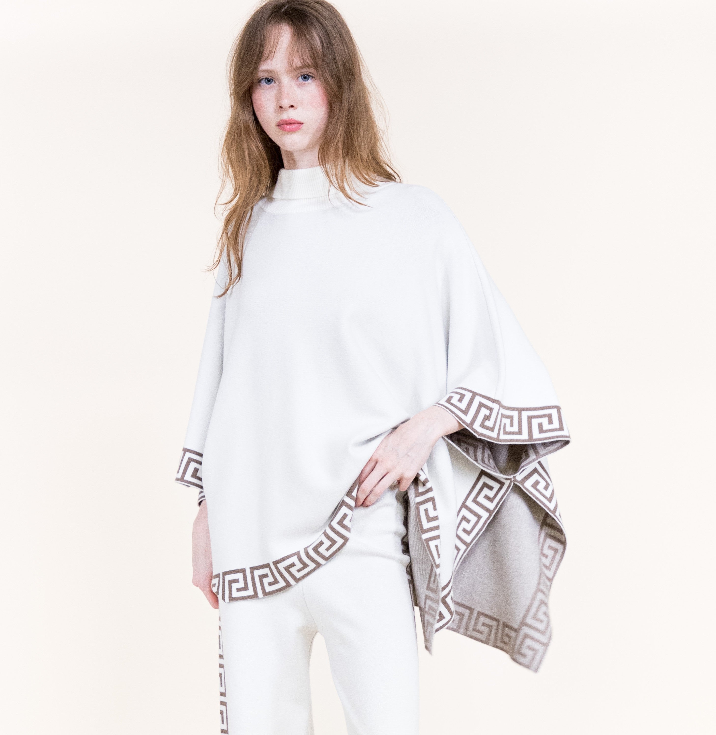 Greek Key Border Turtle Neck Poncho-BLACK (S/M, L/XL) (Pack of 6)