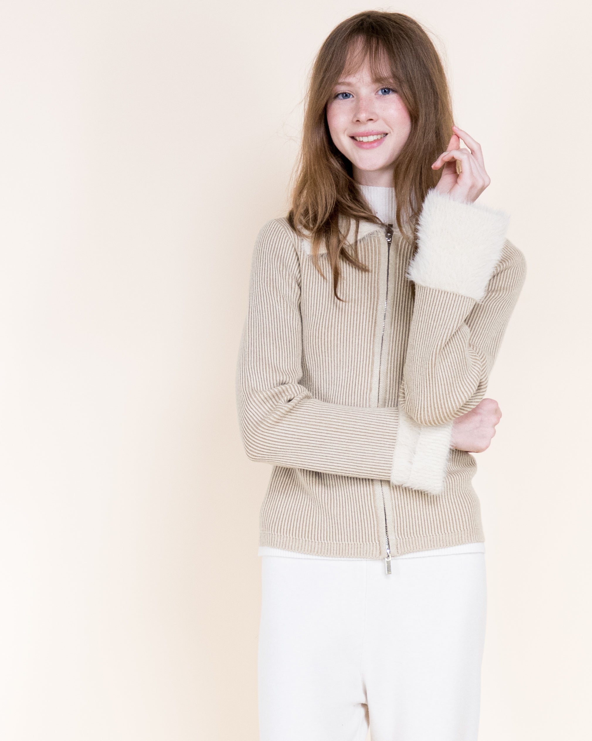 Aspen Vegan Fur Trim Ribbed Zip-Up Cardigan-BEIGE (S/M, L/XL) (Pack of 6)