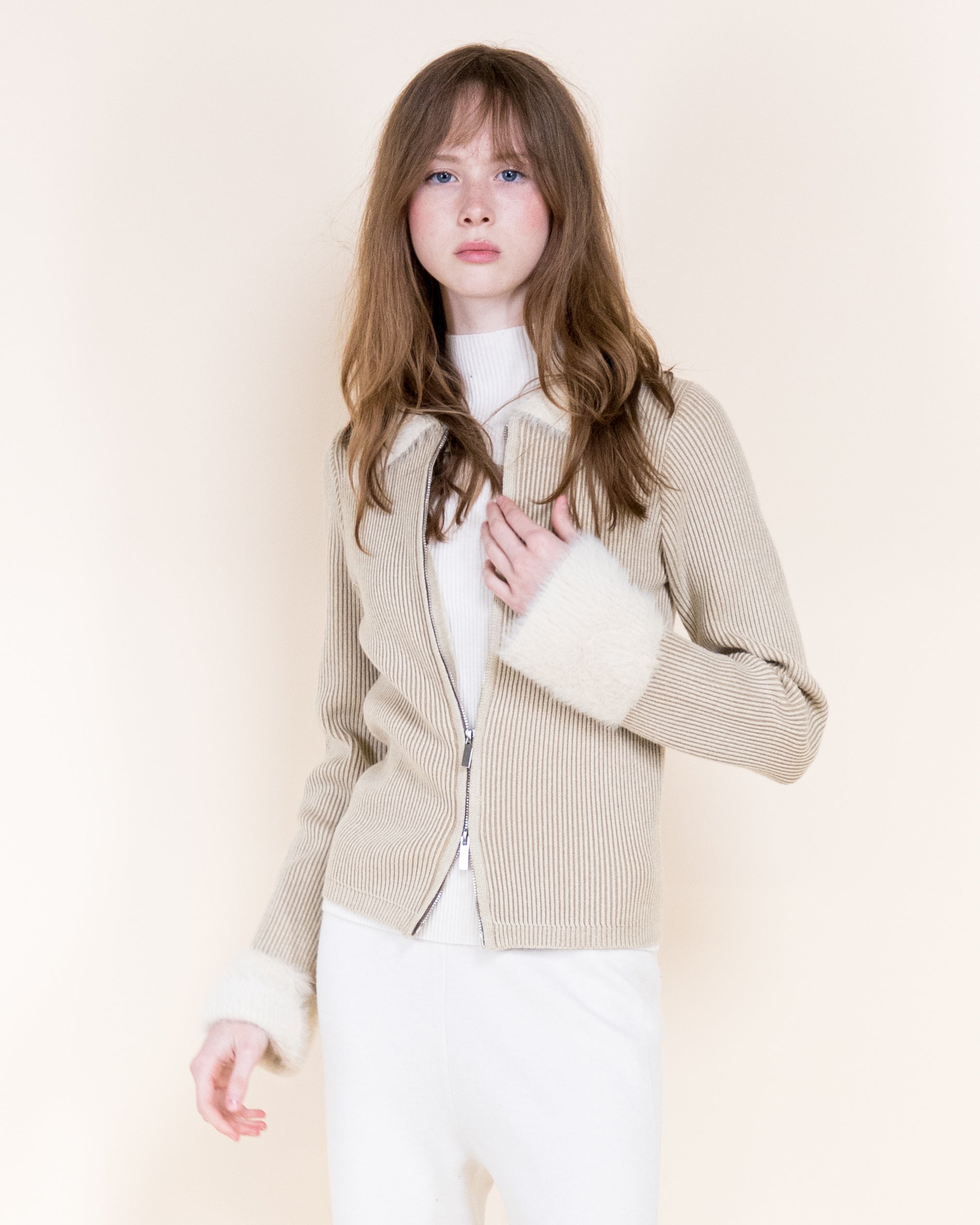 Aspen Vegan Fur Trim Ribbed Zip-Up Cardigan-BEIGE (S/M, L/XL) (Pack of 6)