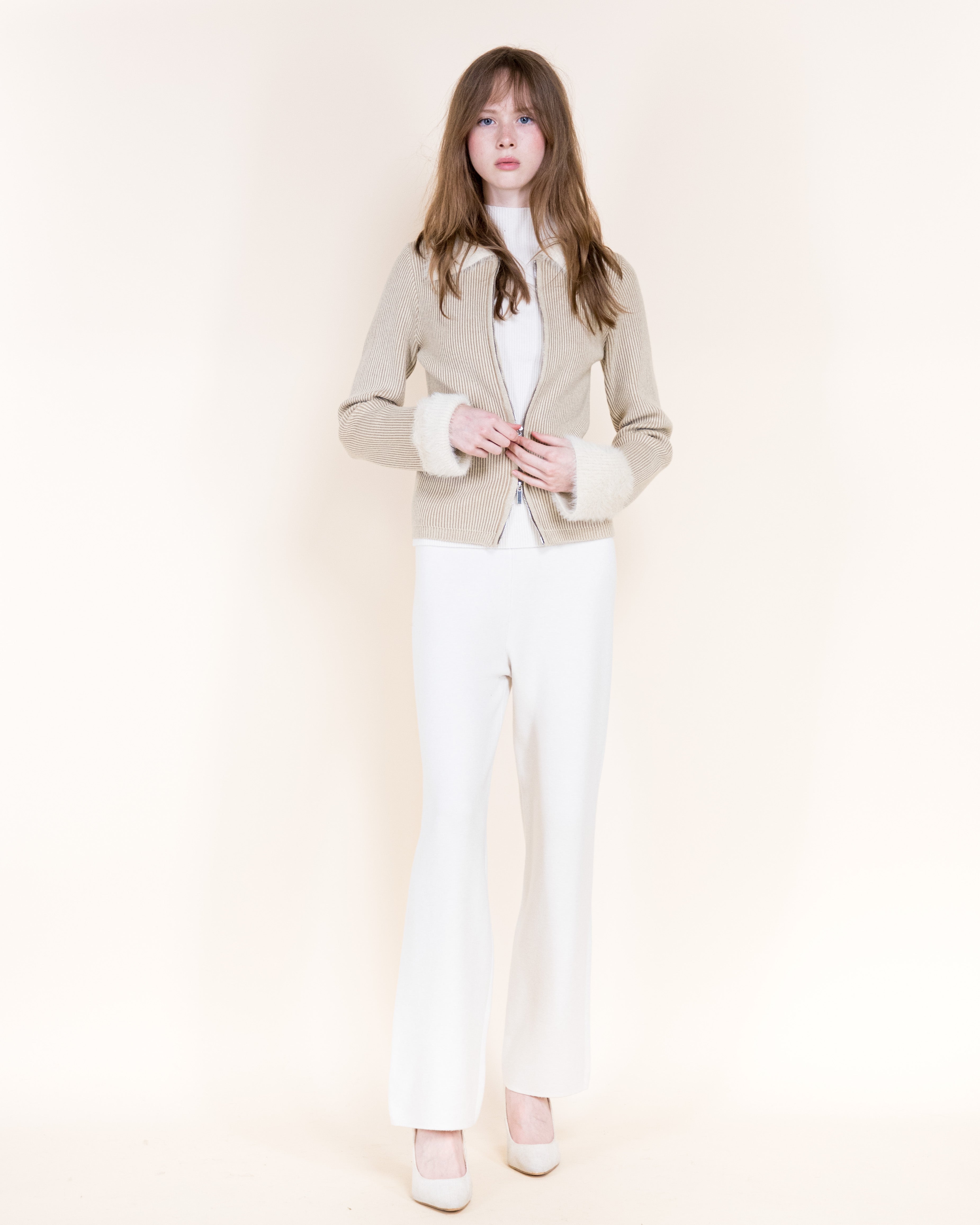 Aspen Vegan Fur Trim Ribbed Zip-Up Cardigan-BEIGE (S/M, L/XL) (Pack of 6)
