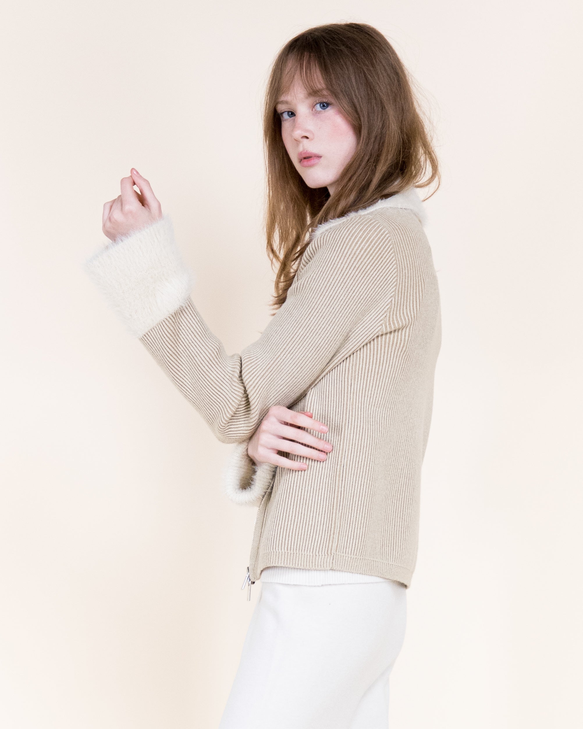 Aspen Vegan Fur Trim Ribbed Zip-Up Cardigan-BEIGE (S/M, L/XL) (Pack of 6)