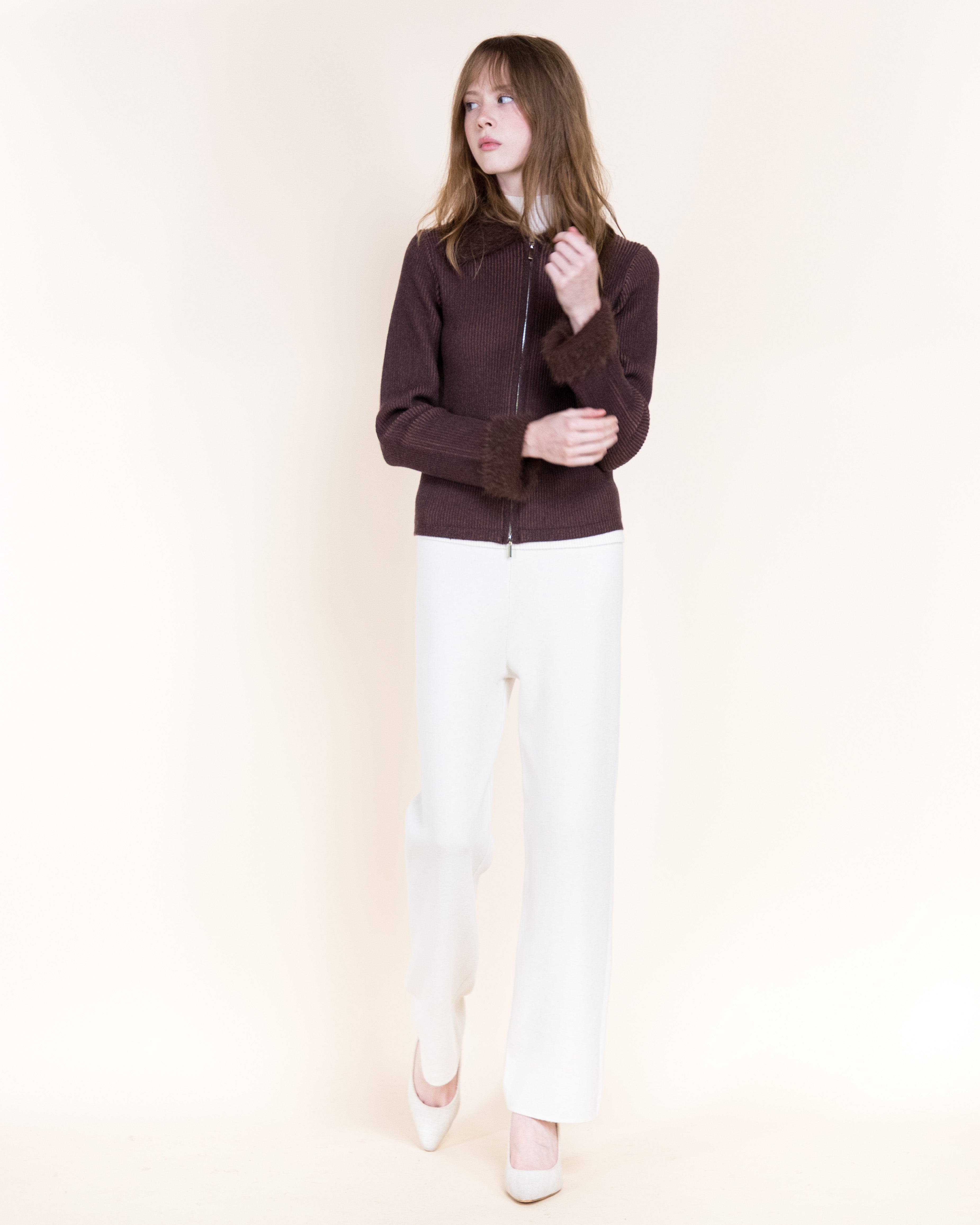 Aspen Vegan Fur Trim Ribbed Zip-Up Cardigan-BEIGE (S/M, L/XL) (Pack of 6)