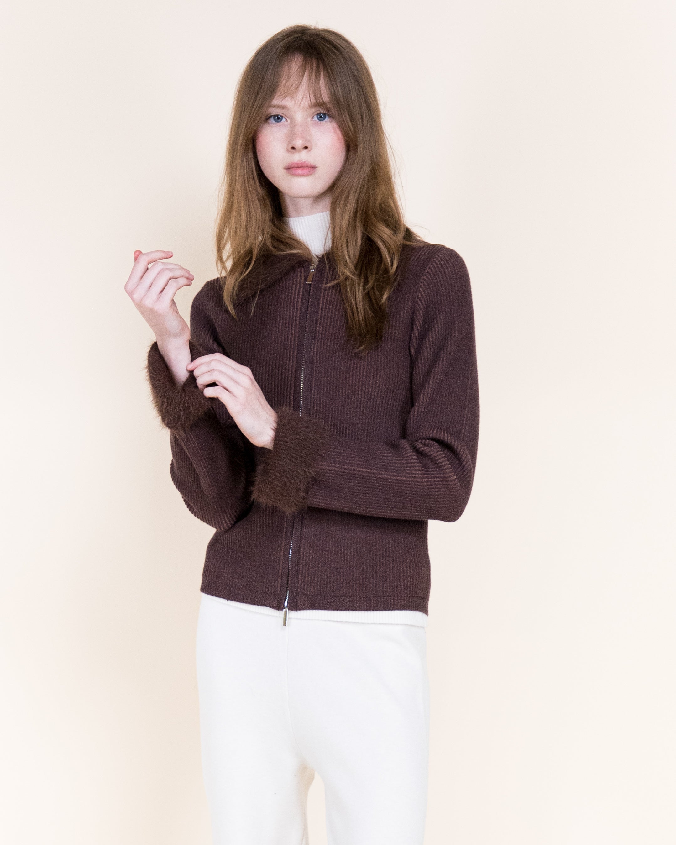 Aspen Vegan Fur Trim Ribbed Zip-Up Cardigan-BEIGE (S/M, L/XL) (Pack of 6)
