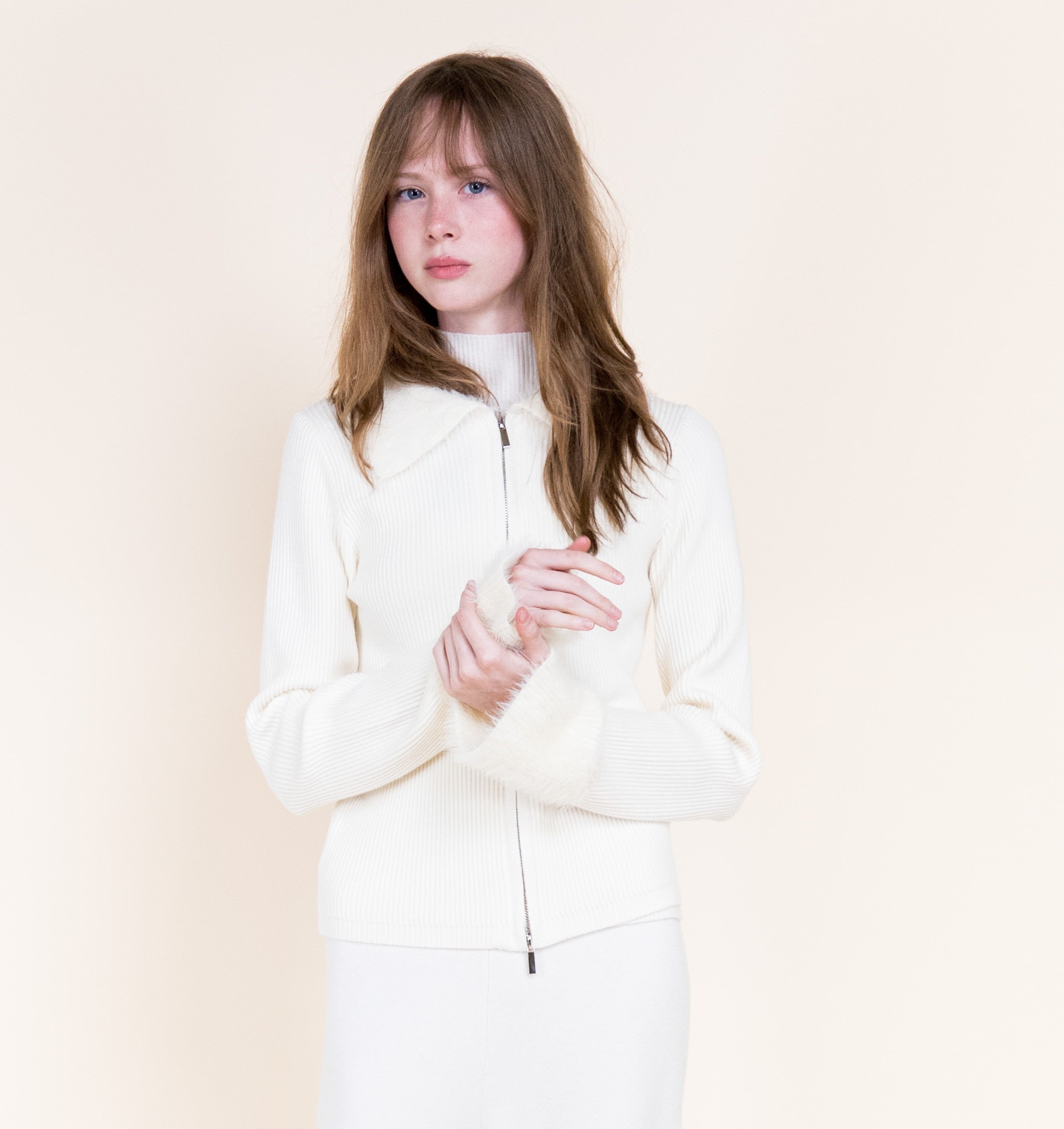 Aspen Vegan Fur Trim Ribbed Zip-Up Cardigan-BEIGE (S/M, L/XL) (Pack of 6)