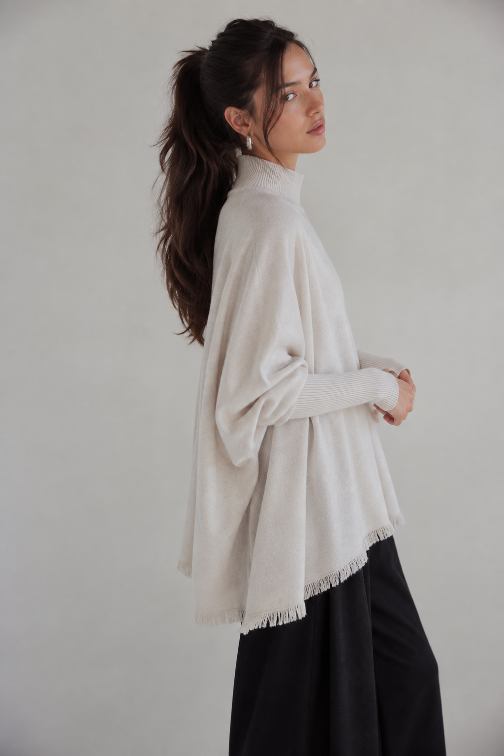 Monaco Dolman Sleeve Mock Neck Fringe Sweater- BEIGE (S/M, L/XL) (Pack of 6)