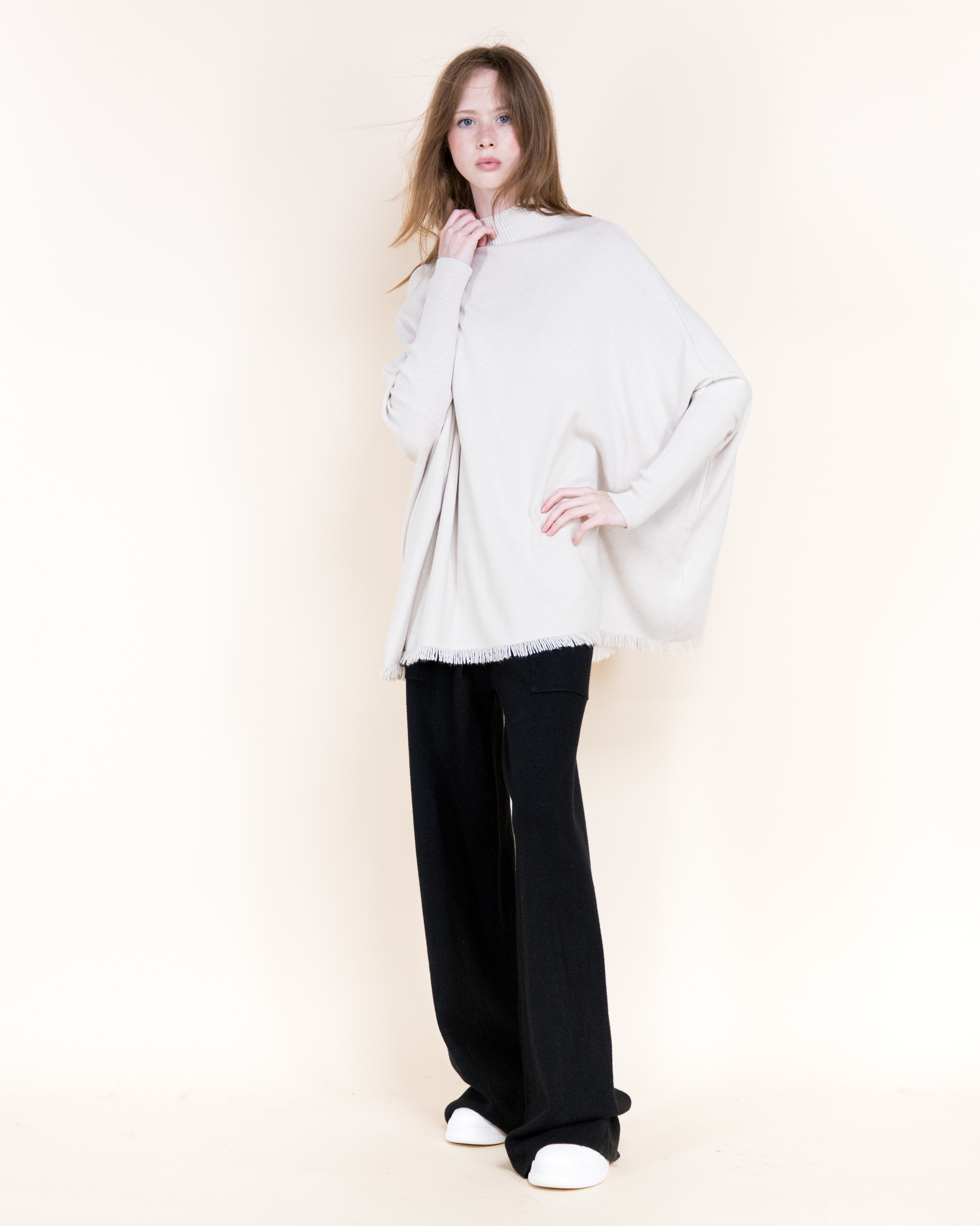 Monaco Dolman Sleeve Mock Neck Fringe Sweater- KHAKI (S/M, L/XL) (Pack of 6)