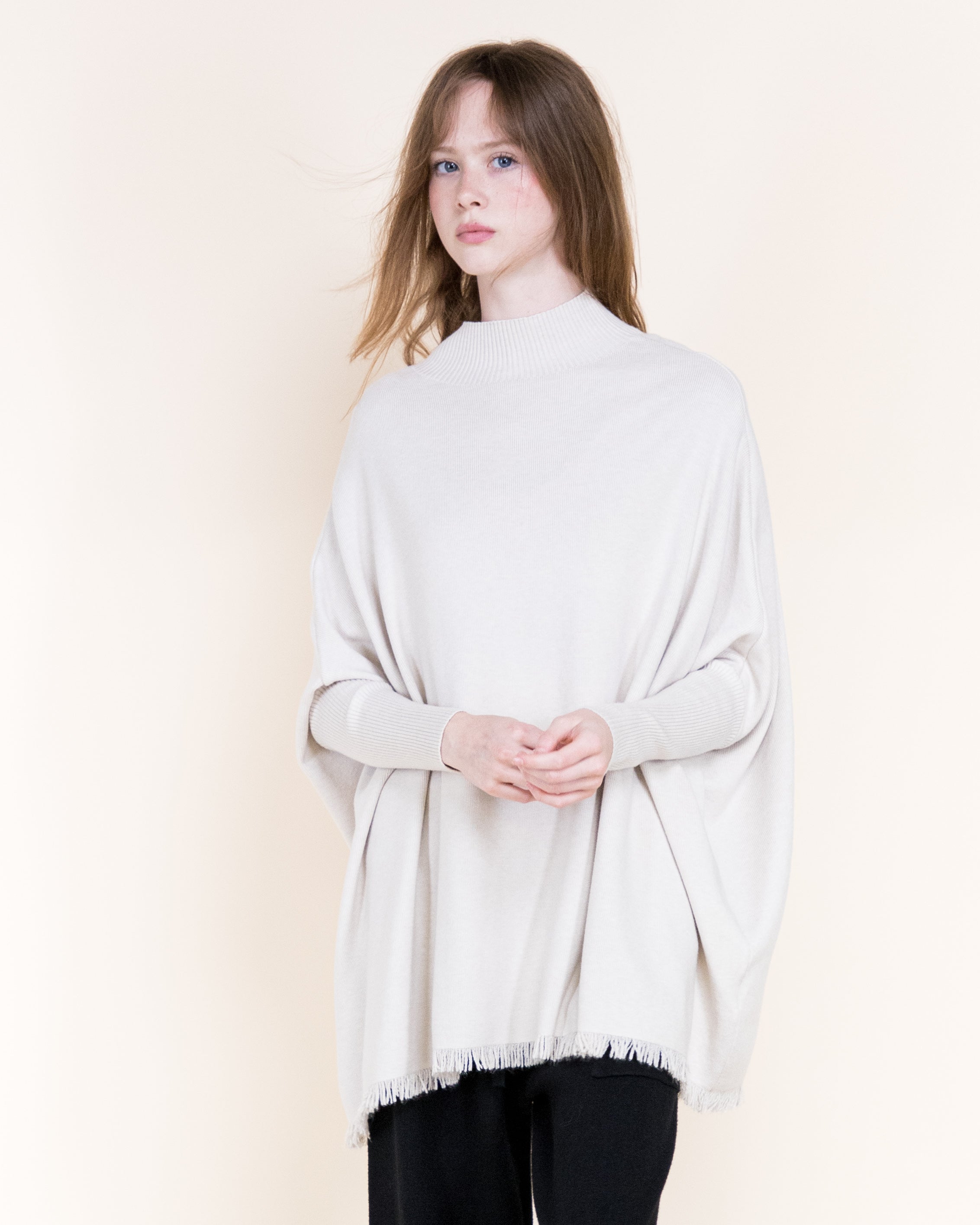 Monaco Dolman Sleeve Mock Neck Fringe Sweater- KHAKI (S/M, L/XL) (Pack of 6)