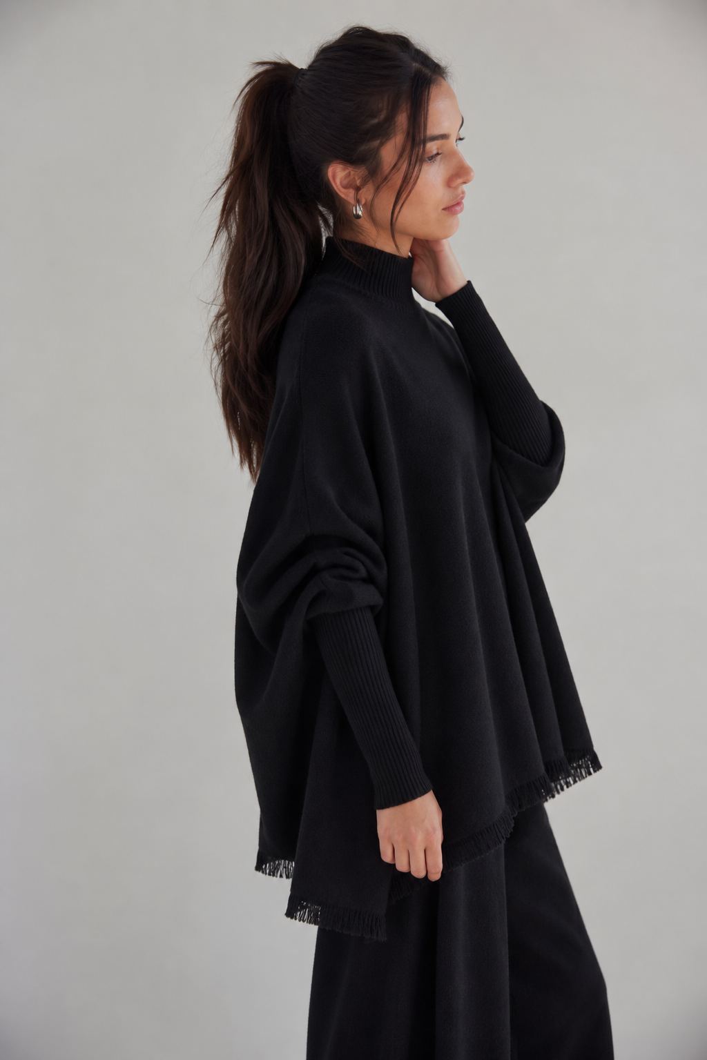 Monaco Dolman Sleeve Mock Neck Fringe Sweater- BLACK (S/M, L/XL) (Pack of 6)