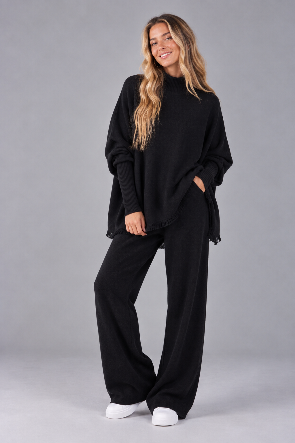 Monaco Dolman Sleeve Mock Neck Fringe Sweater- BLACK (S/M, L/XL) (Pack of 6)