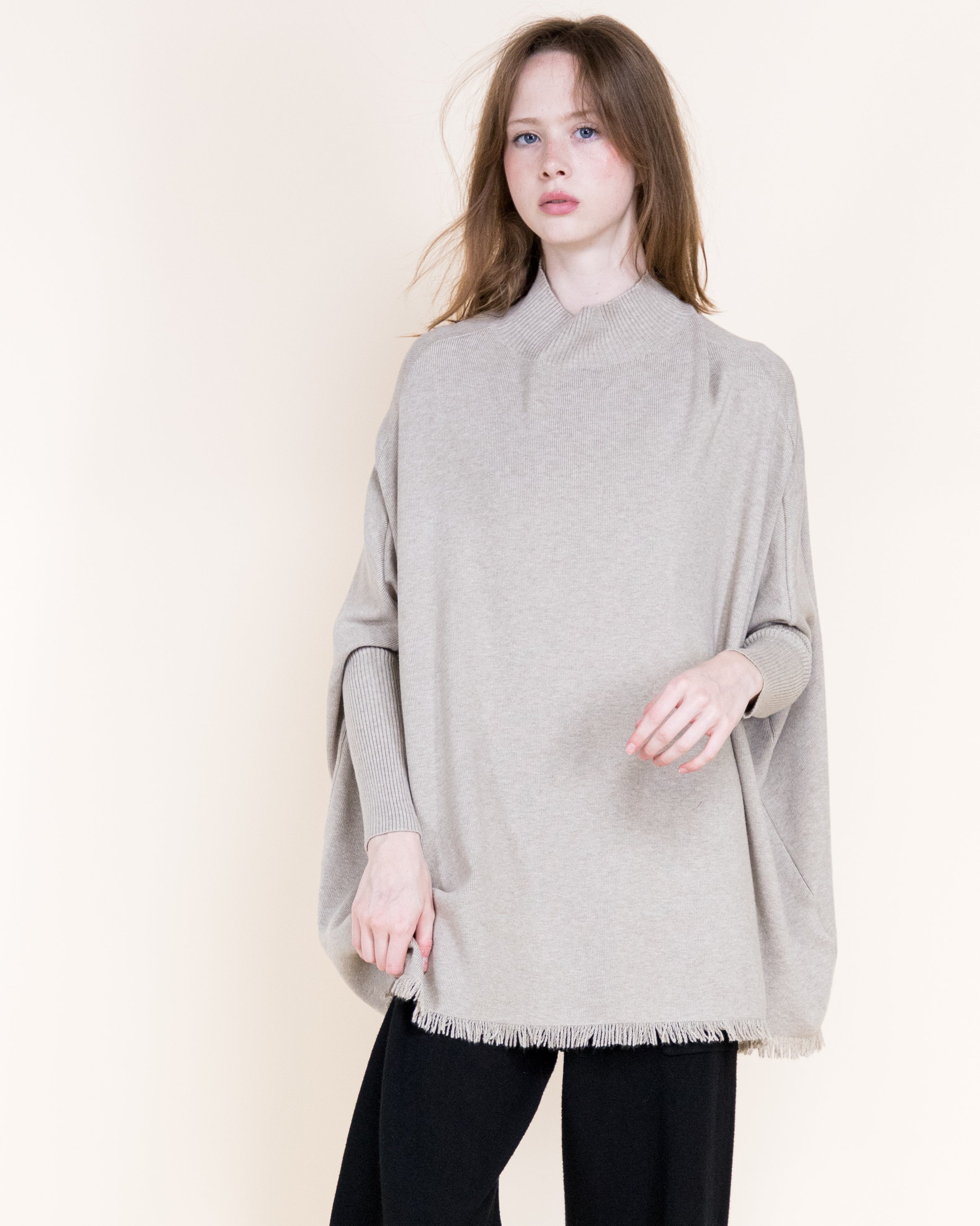 Monaco Dolman Sleeve Mock Neck Fringe Sweater- KHAKI (S/M, L/XL) (Pack of 6)