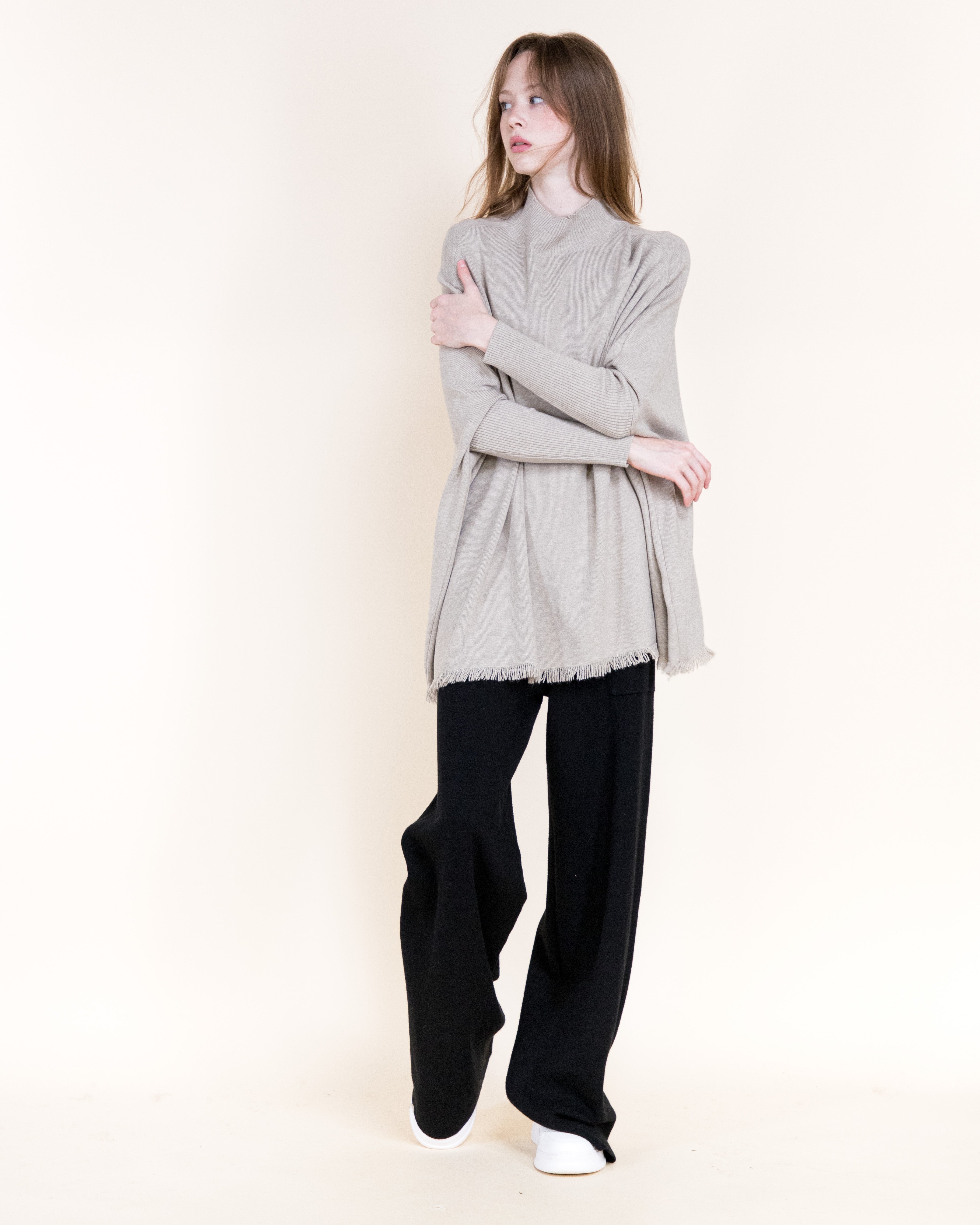 Monaco Dolman Sleeve Mock Neck Fringe Sweater- KHAKI (S/M, L/XL) (Pack of 6)