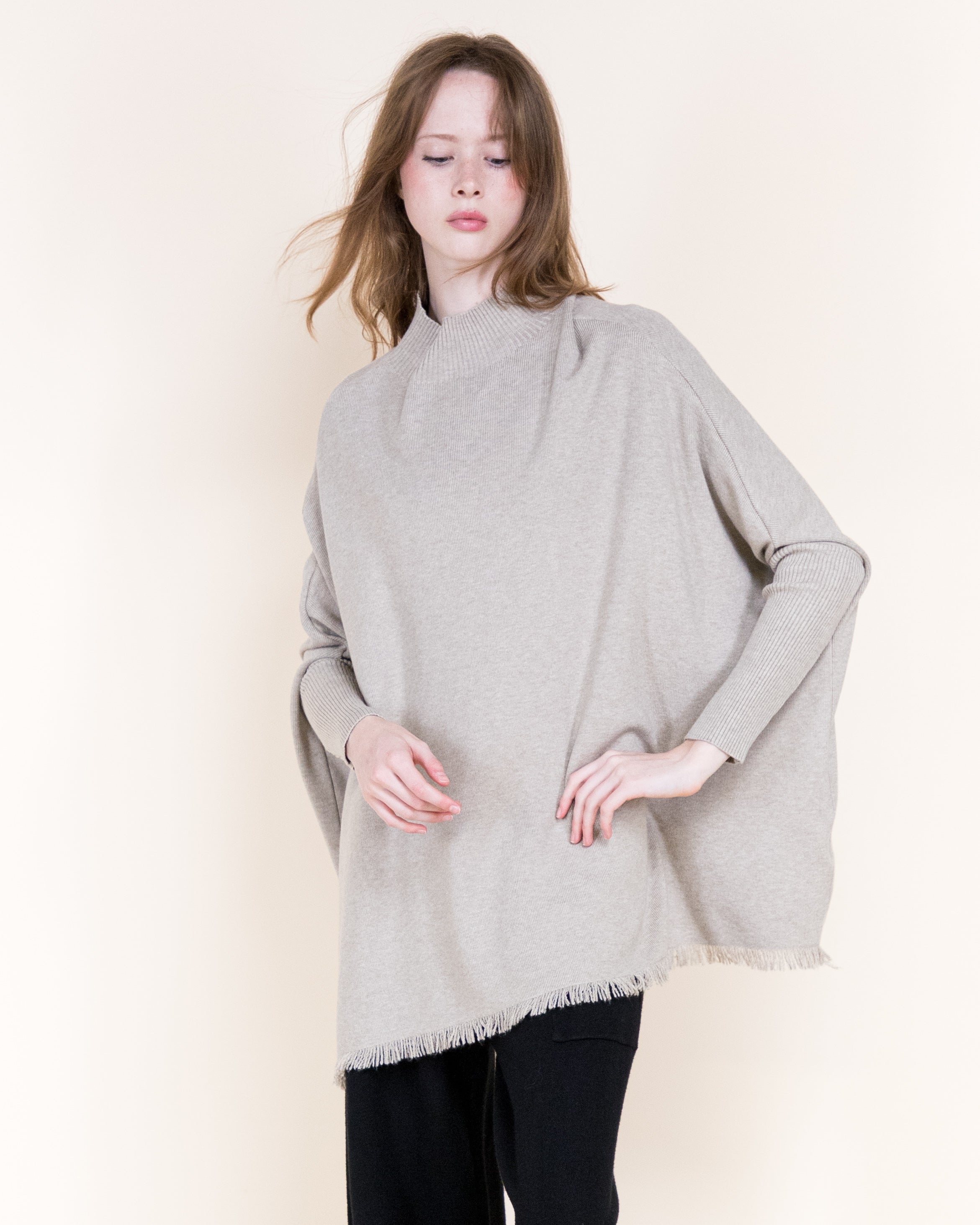 Monaco Dolman Sleeve Mock Neck Fringe Sweater- KHAKI (S/M, L/XL) (Pack of 6)