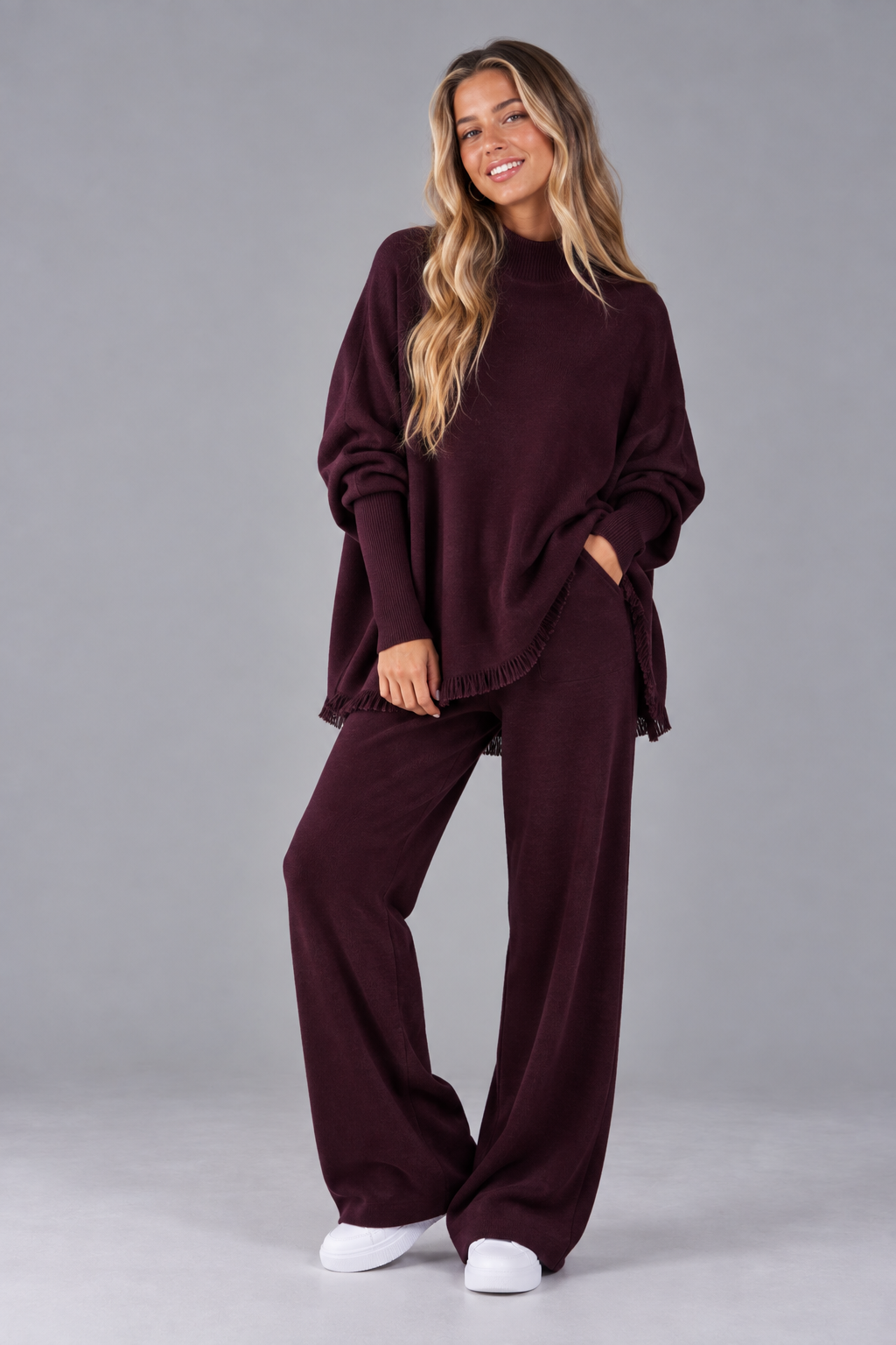Monaco Dolman Sleeve Mock Neck Fringe Sweater-MAGENTA (S/M, L/XL) (Pack of 6)