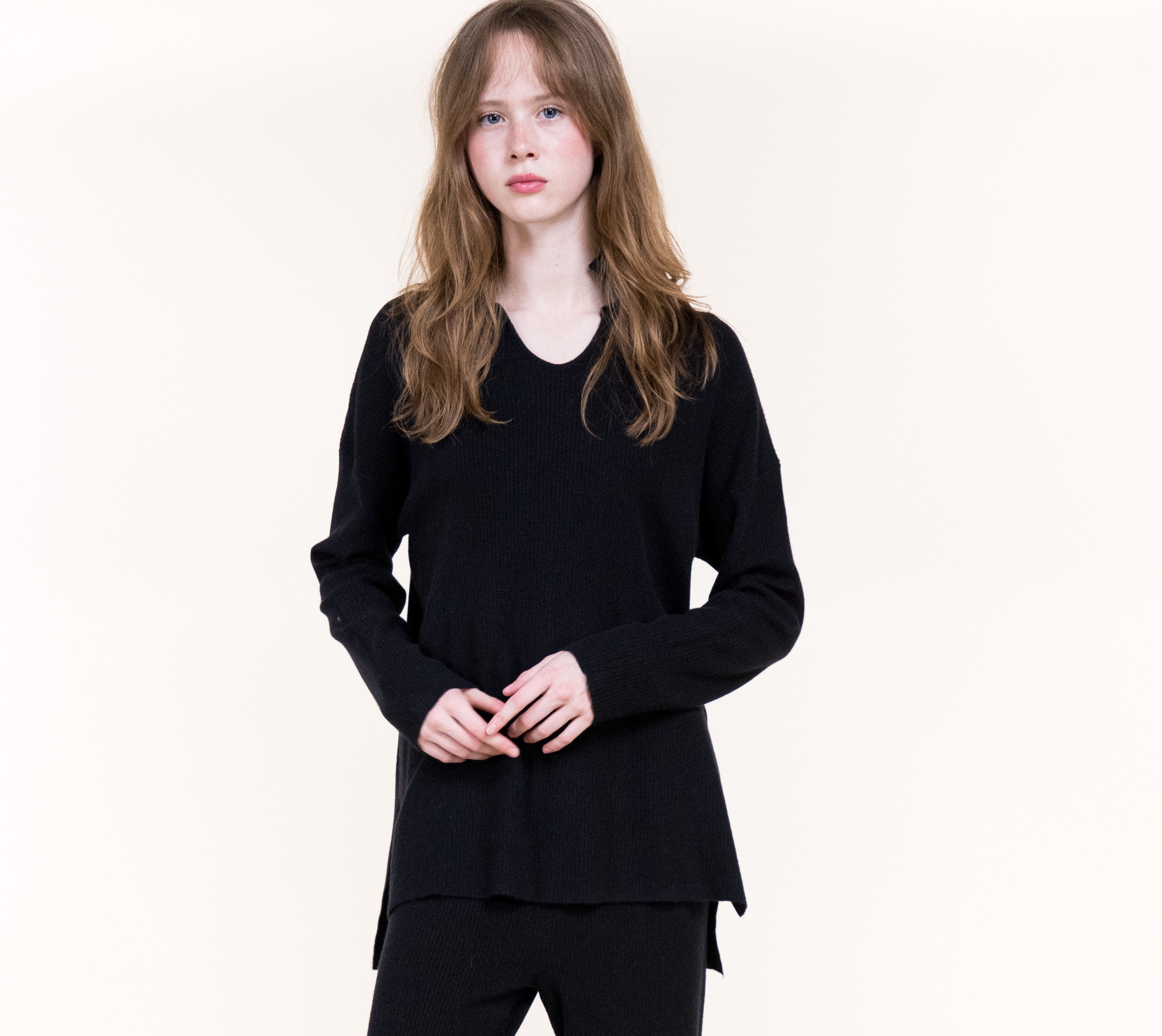 Minimalist Solid Johnny Collar Ribbed Sweater- BLACK  (S/M, L/XL) (Pack of 6)